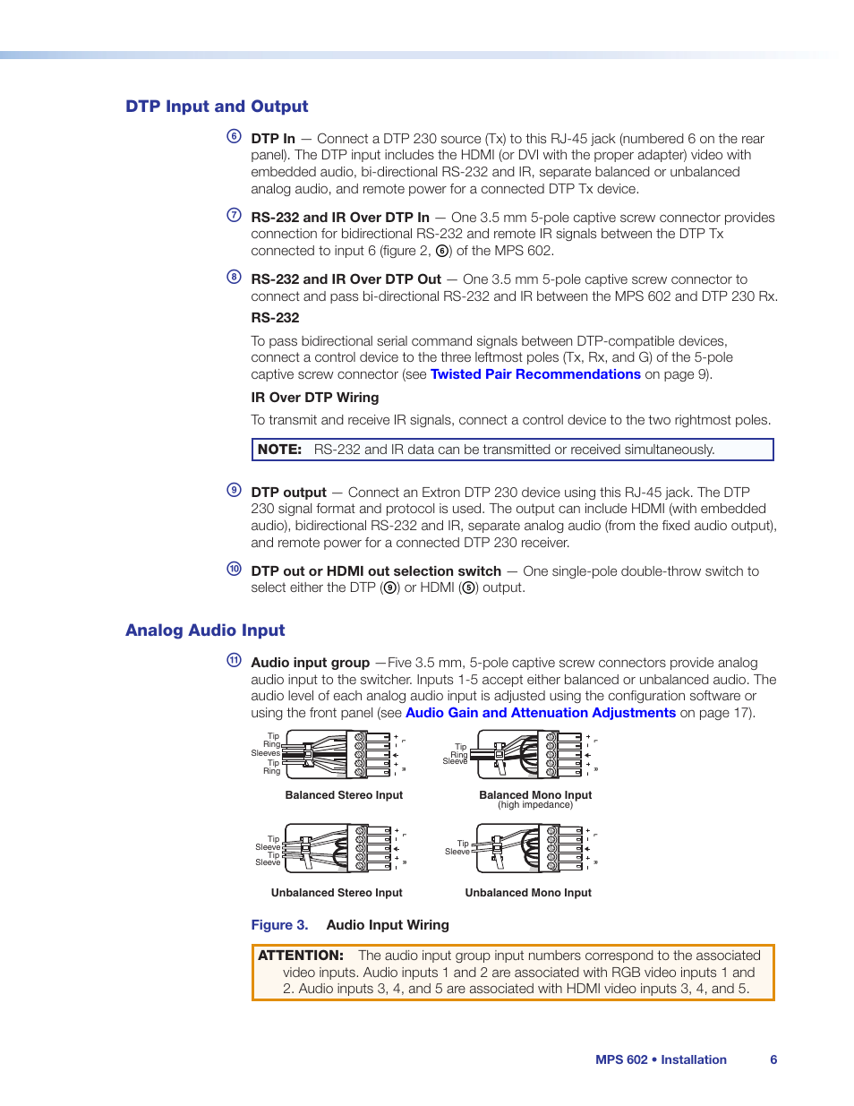 Dtp input and output, Analog audio input, Dtp input and output analog audio input | Extron Electronics MPS 602 Series User Guide User Manual | Page 12 / 44