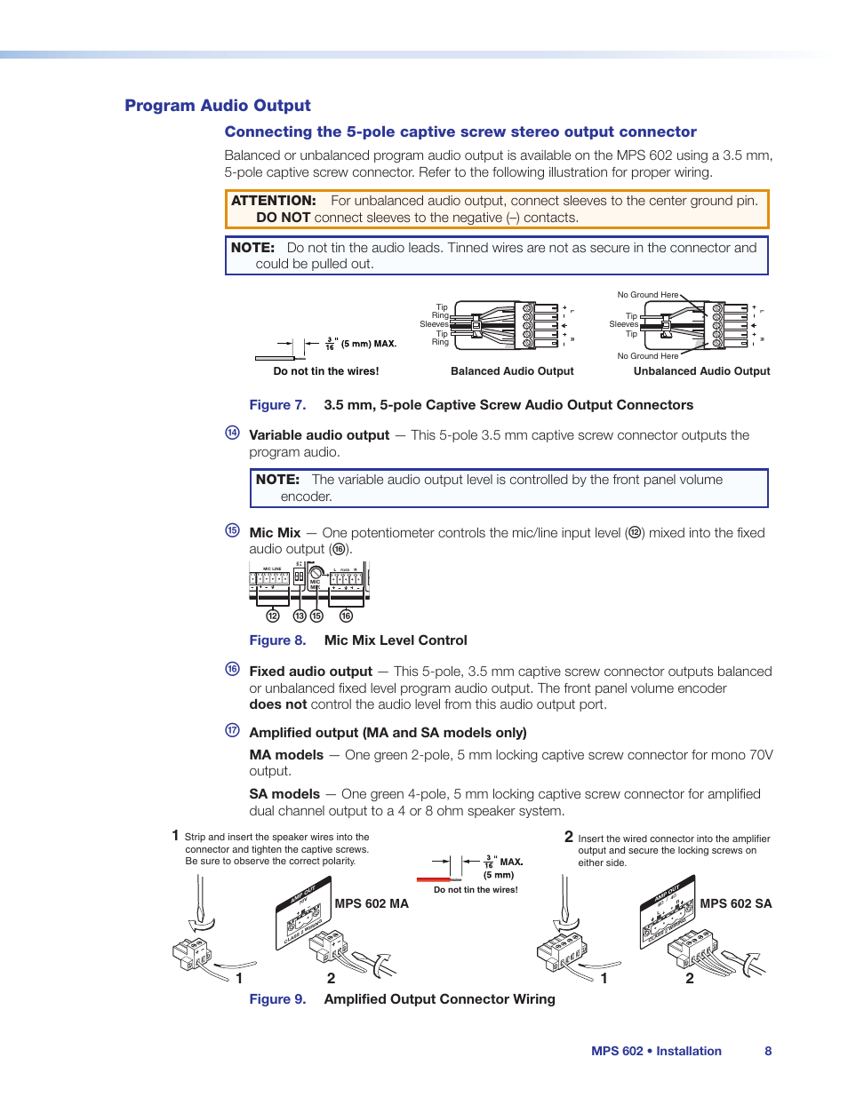 Program audio output, Mixed into the fixed audio output, Figure 8. mic mix level control | Figure 9. amplified output connector wiring, Mps 602 • installation 8 | Extron Electronics MPS 602 Series User Guide User Manual | Page 14 / 44