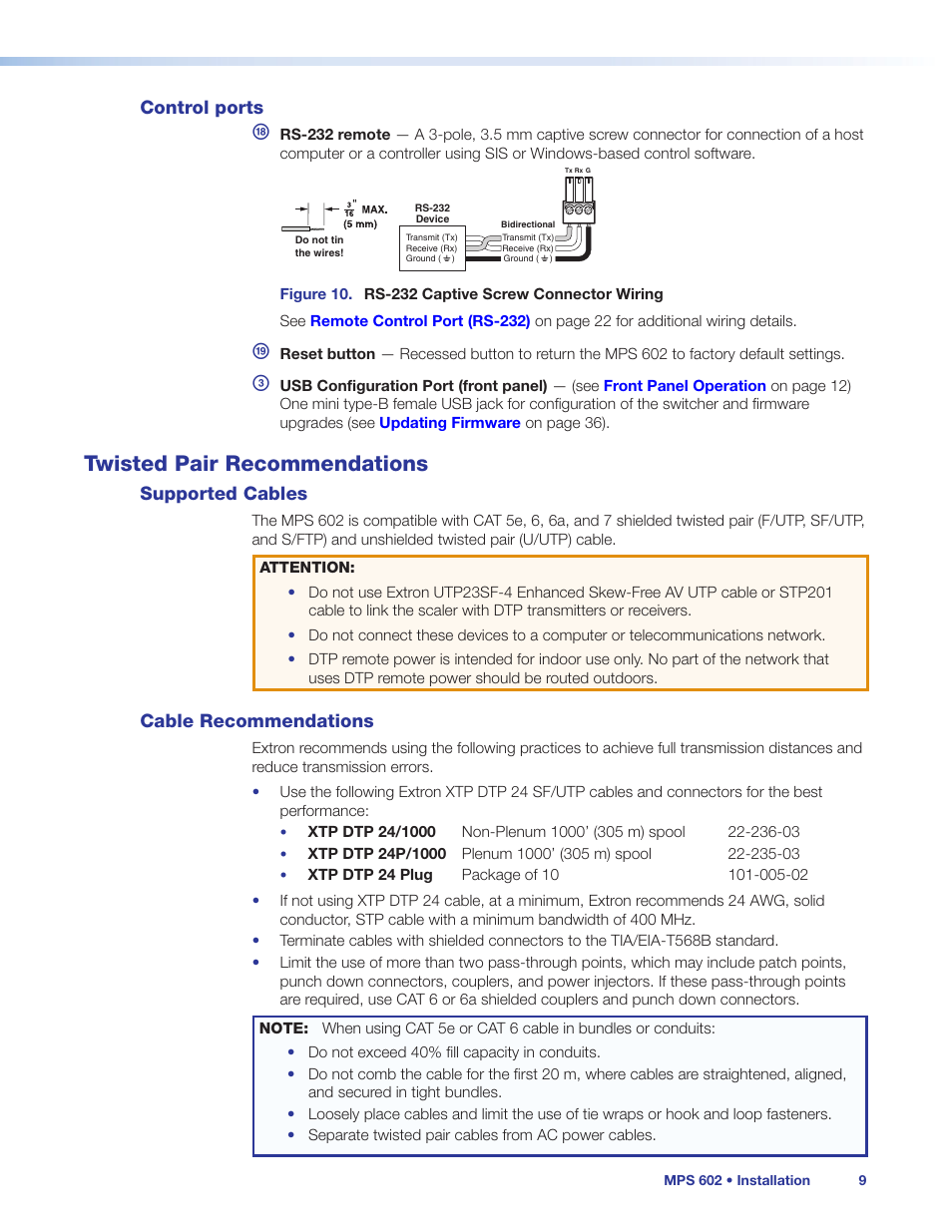 Control ports, Twisted pair recommendations, Supported cables | Cable recommendations, Supported cables cable recommendations, Ew connector (see | Extron Electronics MPS 602 Series User Guide User Manual | Page 15 / 44