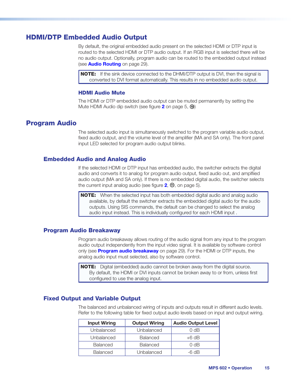 Hdmi/dtp embedded audio output, Program audio, Embedded audio and analog audio | Program audio breakaway, Fixed output and variable output, Hdmi/dtp embedded audio output program audio, Eakaway is active (see | Extron Electronics MPS 602 Series User Guide User Manual | Page 21 / 44