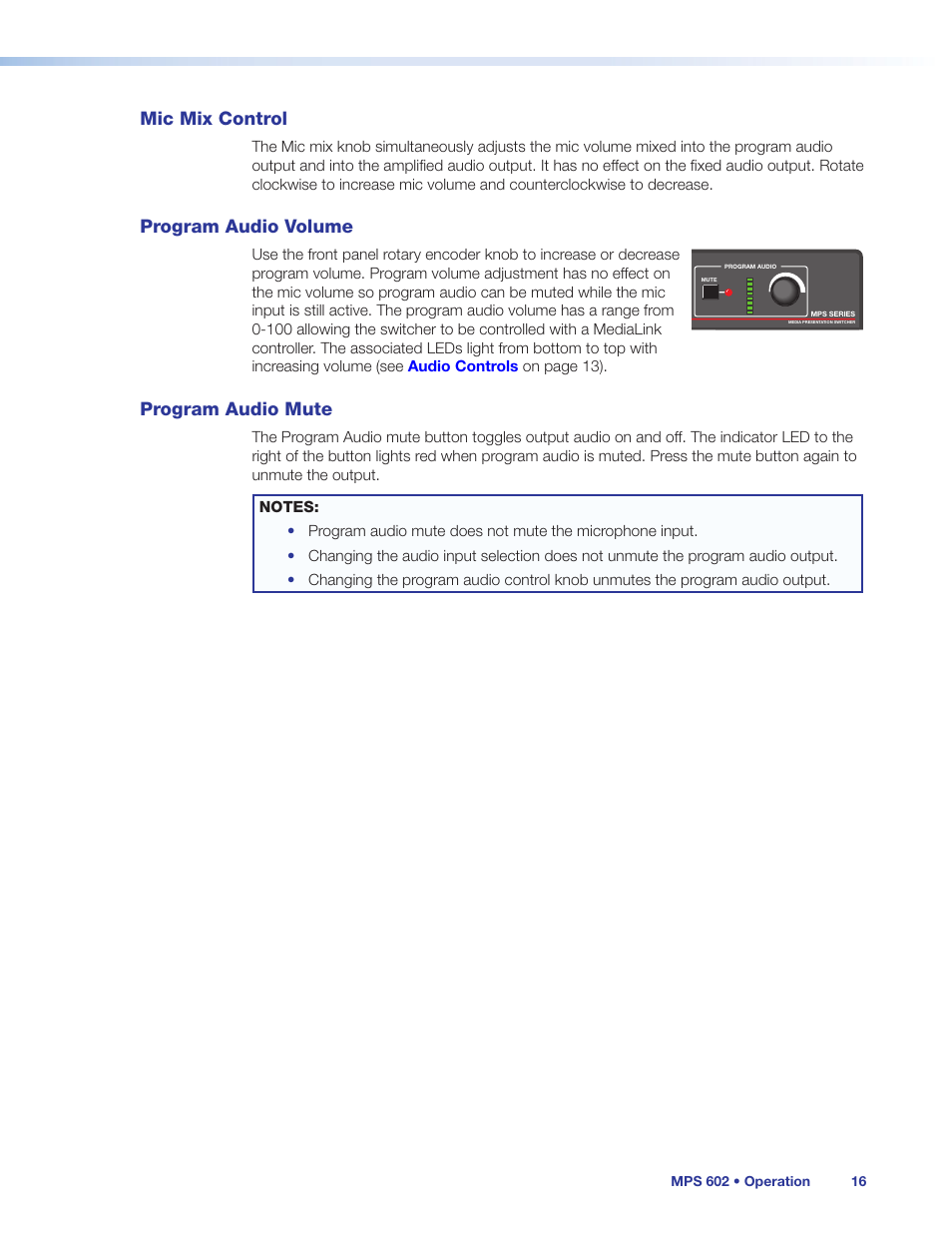 Mic mix control, Program audio volume, Program audio mute | Extron Electronics MPS 602 Series User Guide User Manual | Page 22 / 44