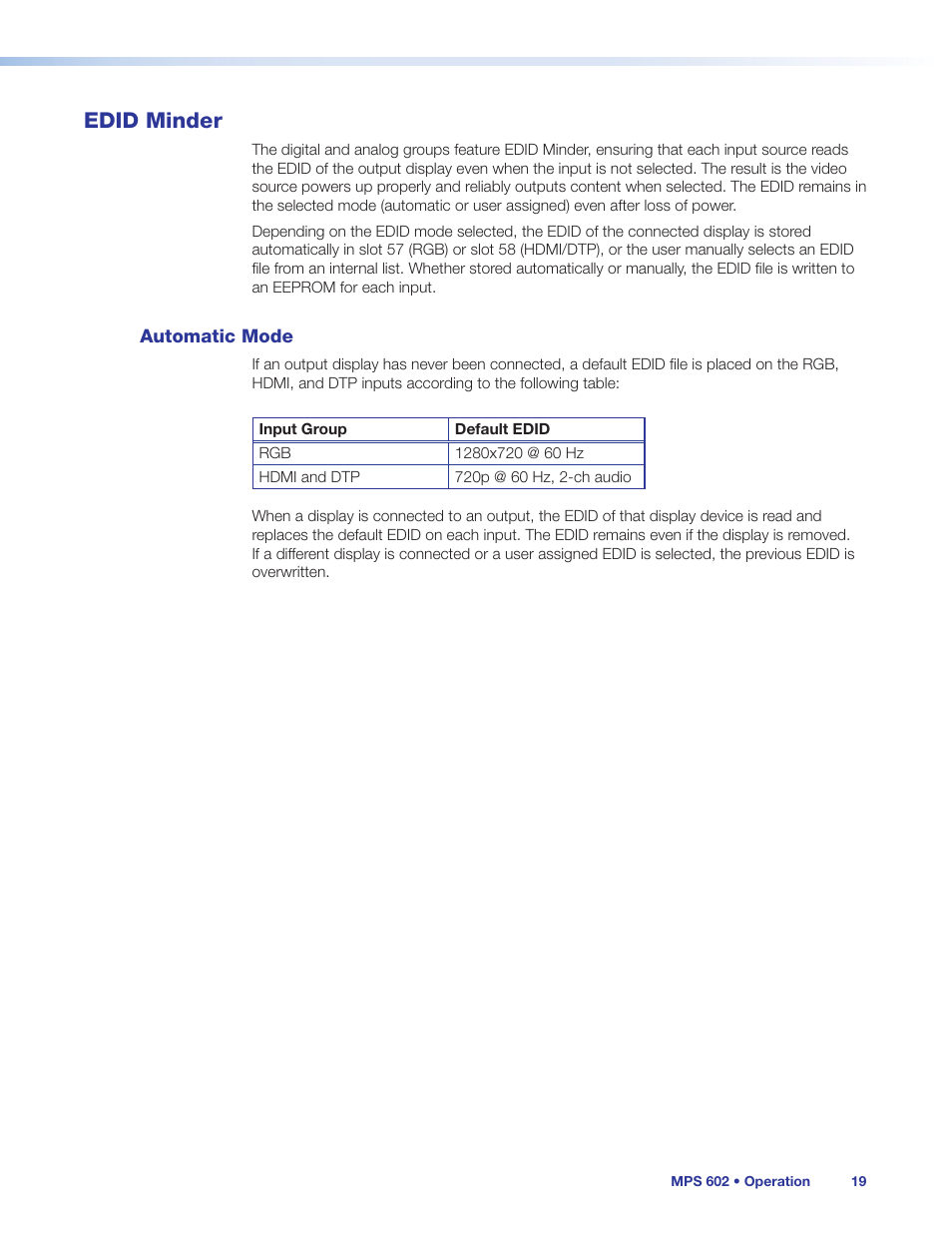 Edid minder, Automatic mode | Extron Electronics MPS 602 Series User Guide User Manual | Page 25 / 44