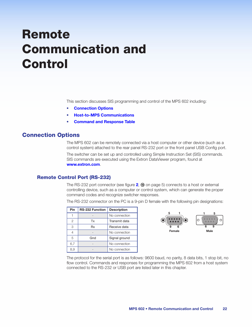 Remote communication and control, Connection options, Remote control port (rs-232) | Extron Electronics MPS 602 Series User Guide User Manual | Page 28 / 44