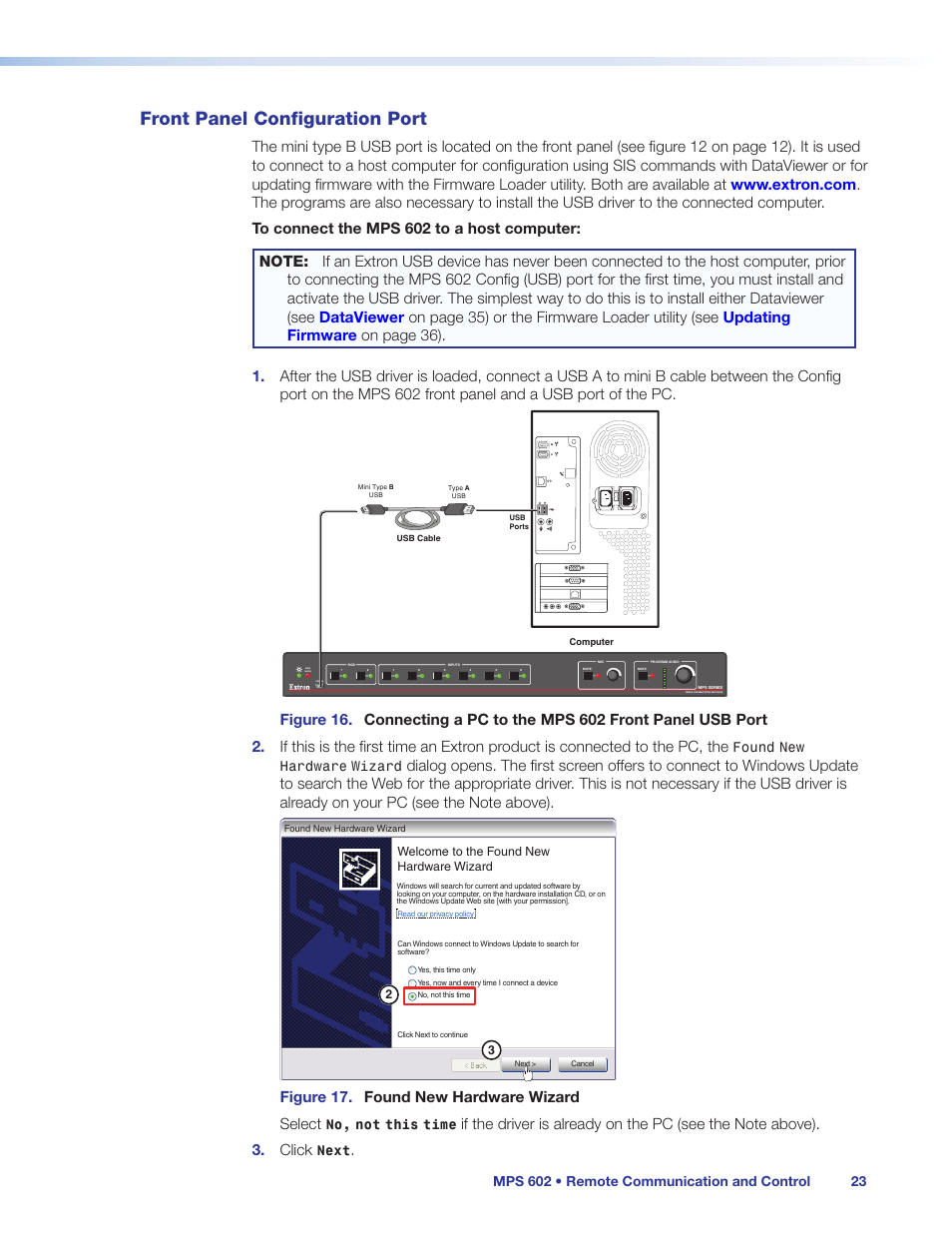 Front panel configuration port, Ont panel usb configuration port (see, Figure 17. found new hardware wizard select | Found, Hardware, Wizard, This, Time, Next | Extron Electronics MPS 602 Series User Guide User Manual | Page 29 / 44