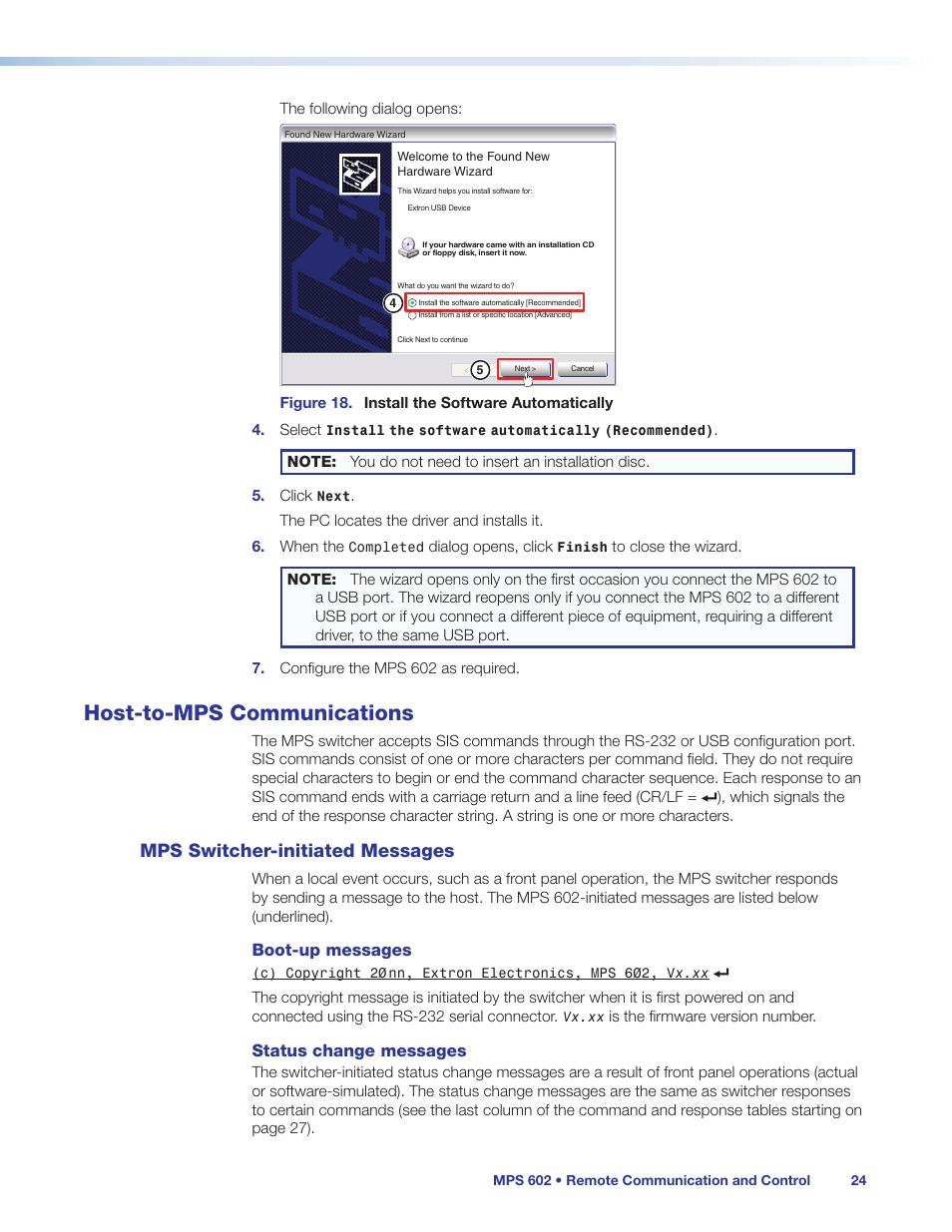 Host-to-mps communications, Mps switcher-initiated messages | Extron Electronics MPS 602 Series User Guide User Manual | Page 30 / 44