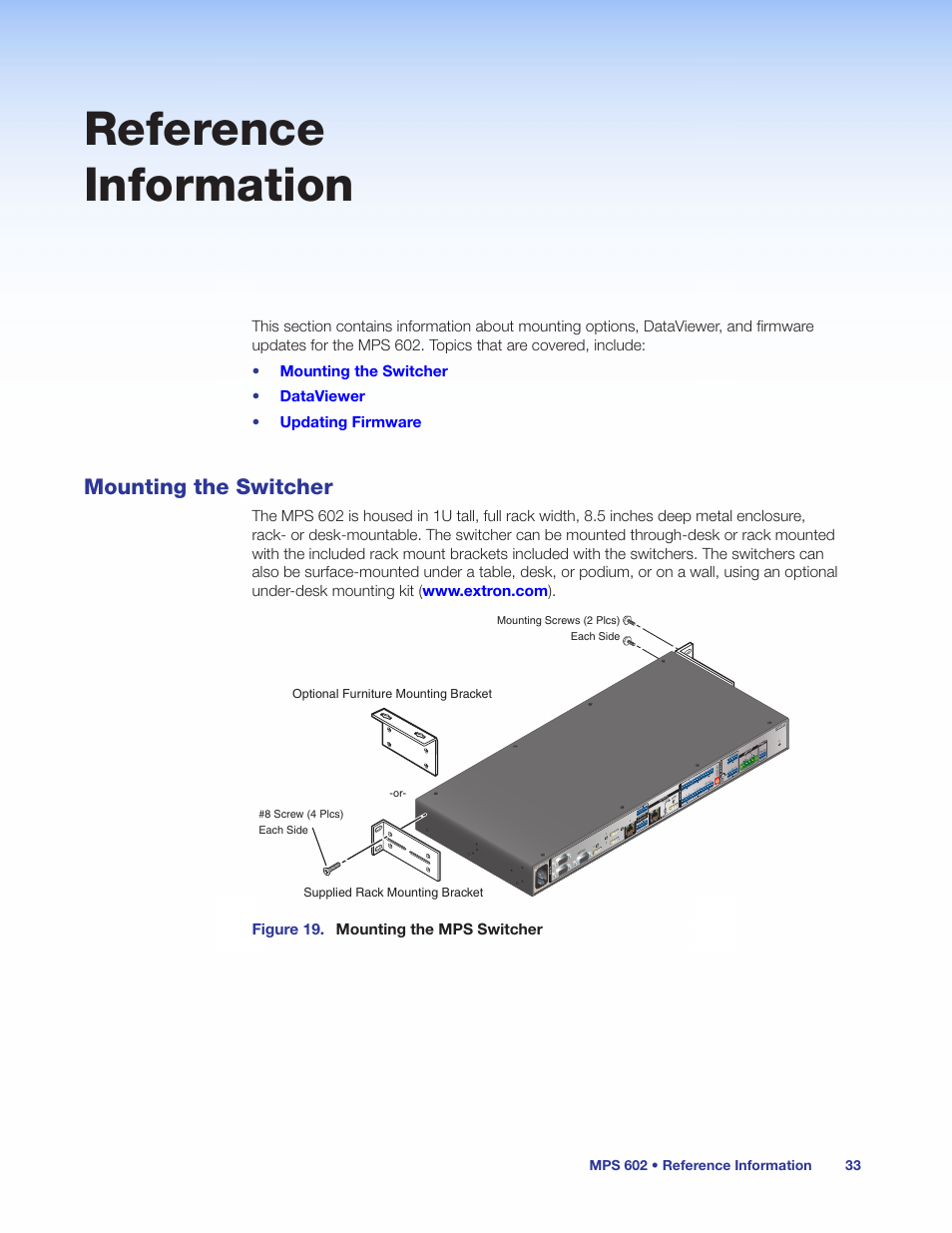 Reference information, Mounting the switcher, Ews (see | Extron Electronics MPS 602 Series User Guide User Manual | Page 39 / 44
