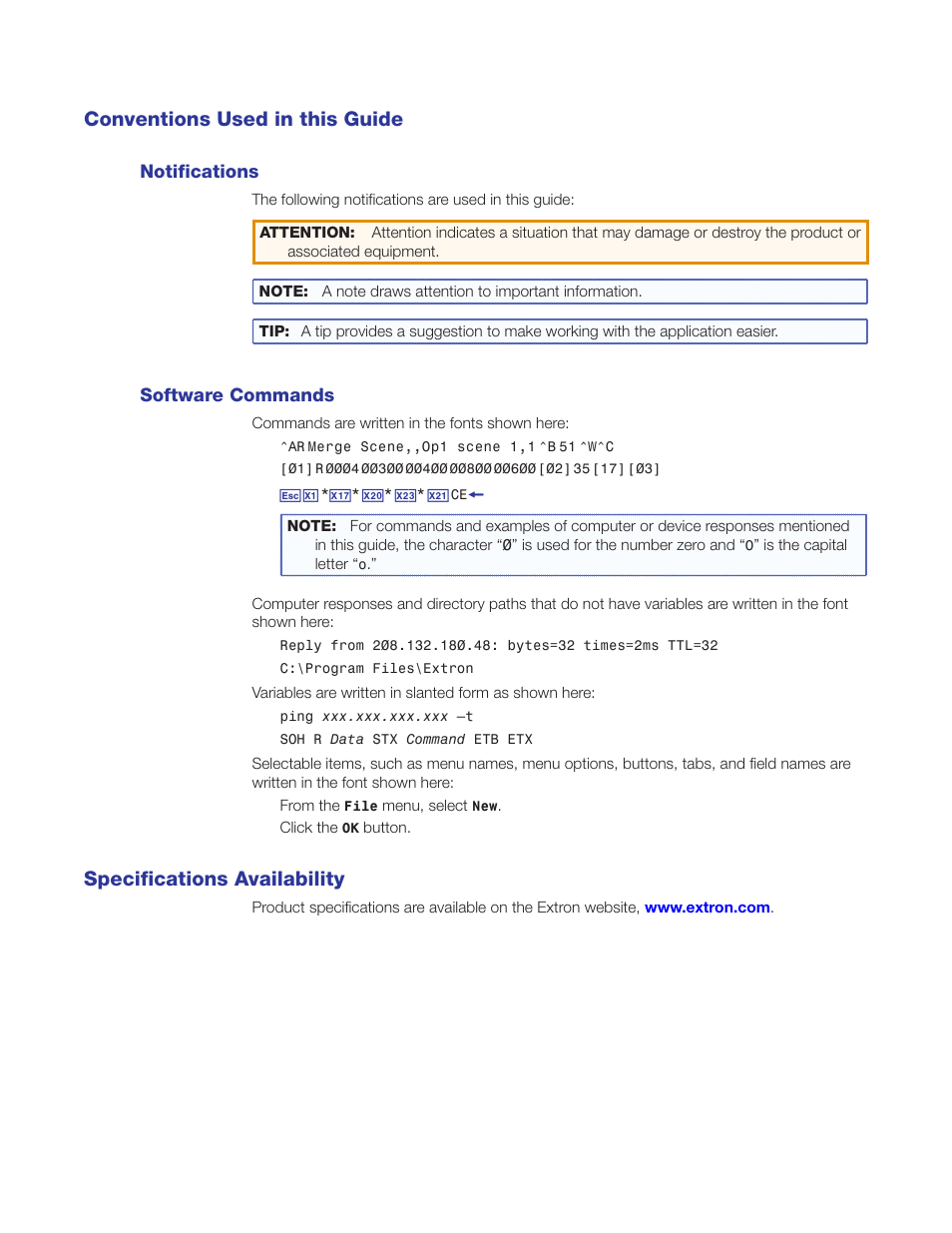 Conventions used in this guide, Specifications availability | Extron Electronics MPS 602 Series User Guide User Manual | Page 4 / 44