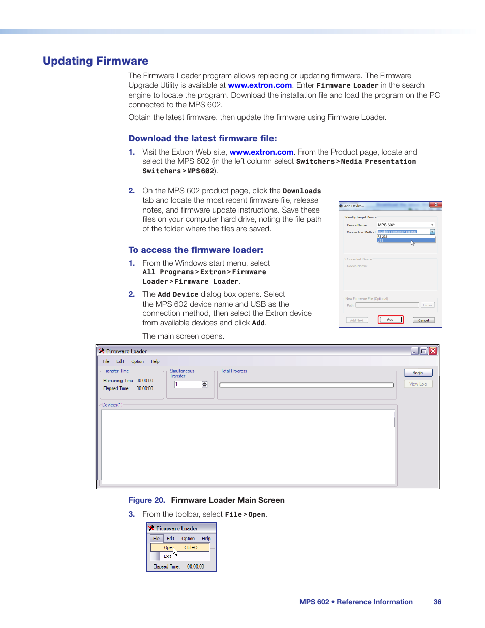 Updating firmware, Upgrades (see, Updating | Firmware | Extron Electronics MPS 602 Series User Guide User Manual | Page 42 / 44