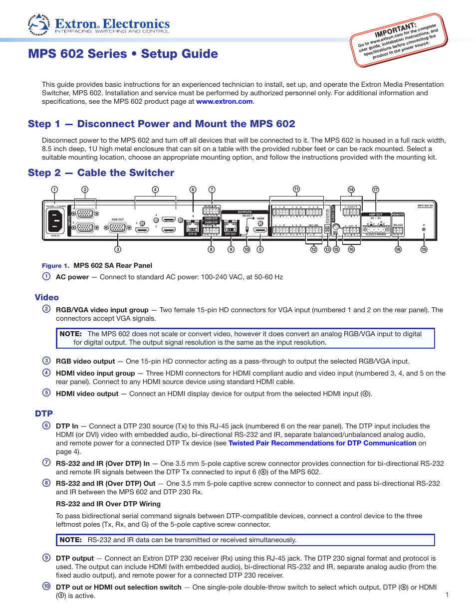 Extron Electronics MPS 602 Series Setup Guide User Manual | 4 pages
