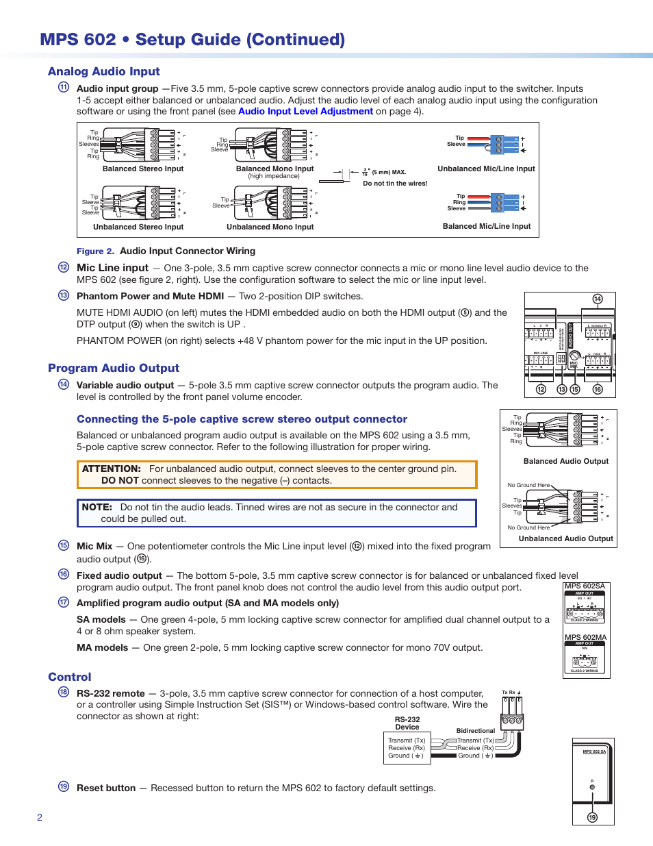 Mps 602 • setup guide (continued), Analog audio input, Program audio output | Control, Mic line input, Audio input connector wiring, And the dtp output, Mixed into the fixed program audio output | Extron Electronics MPS 602 Series Setup Guide User Manual | Page 2 / 4