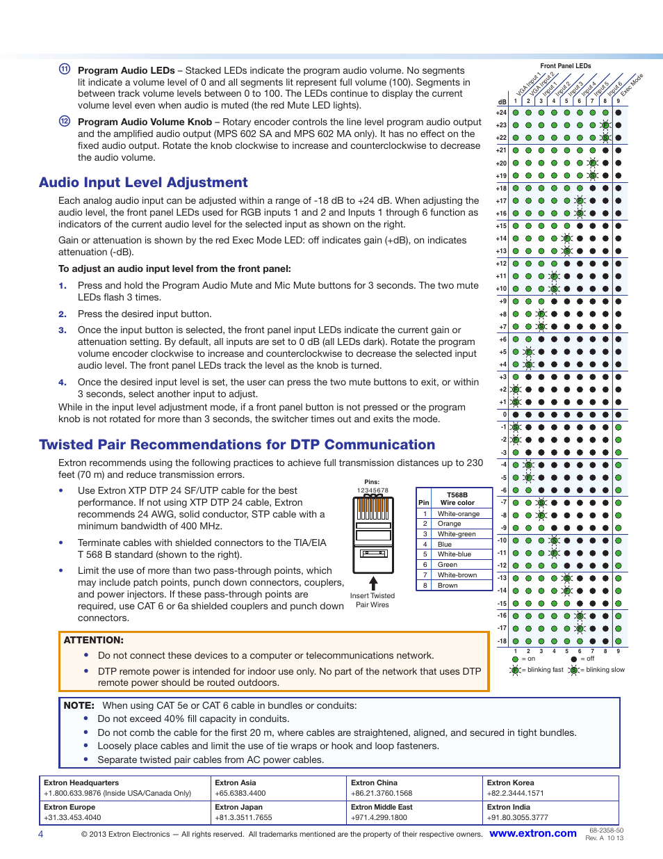 Audio input level adjustment, Twisted pair recommendations for dtp communication, Press the desired input button | Do not exceed 40% fill capacity in conduits, Separate twisted pair cables from ac power cables | Extron Electronics MPS 602 Series Setup Guide User Manual | Page 4 / 4