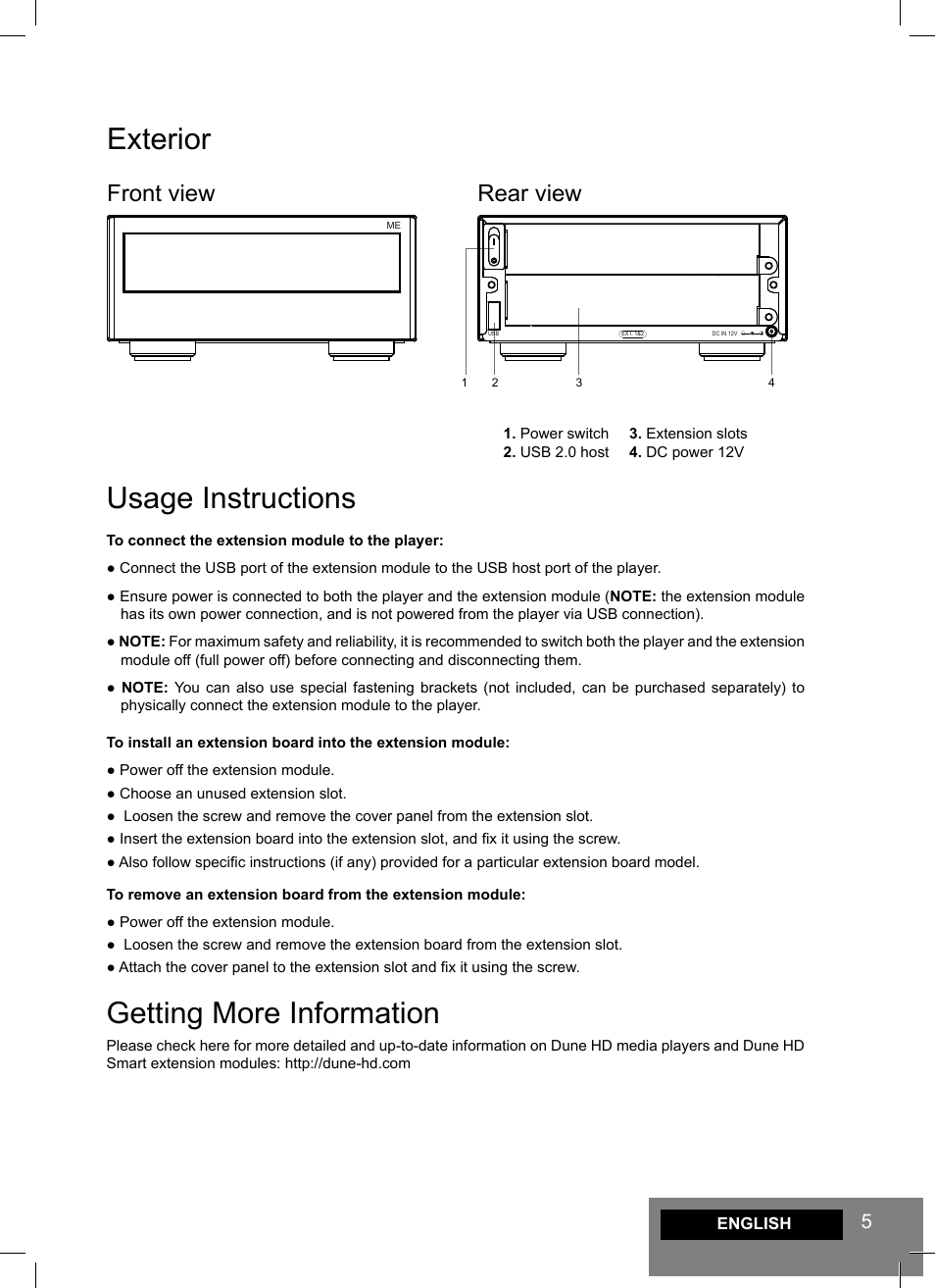 Exterior, Usage instructions, Getting more information | Front view rear view | DUNE Smart ME User Manual | Page 5 / 20