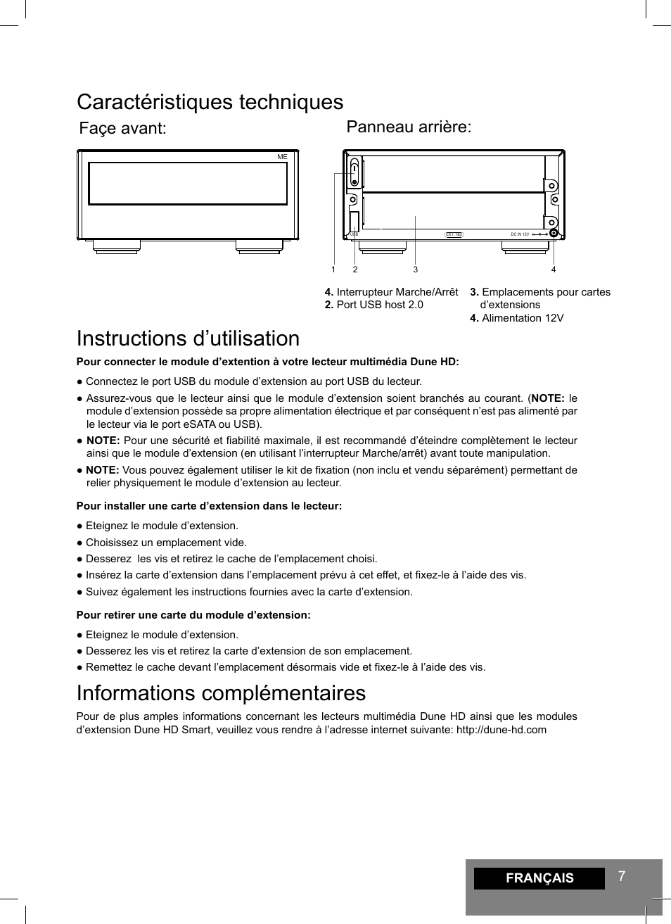 Caractéristiques techniques, Instructions d’utilisation, Informations complémentaires | Façe avant: panneau arrière | DUNE Smart ME User Manual | Page 7 / 20