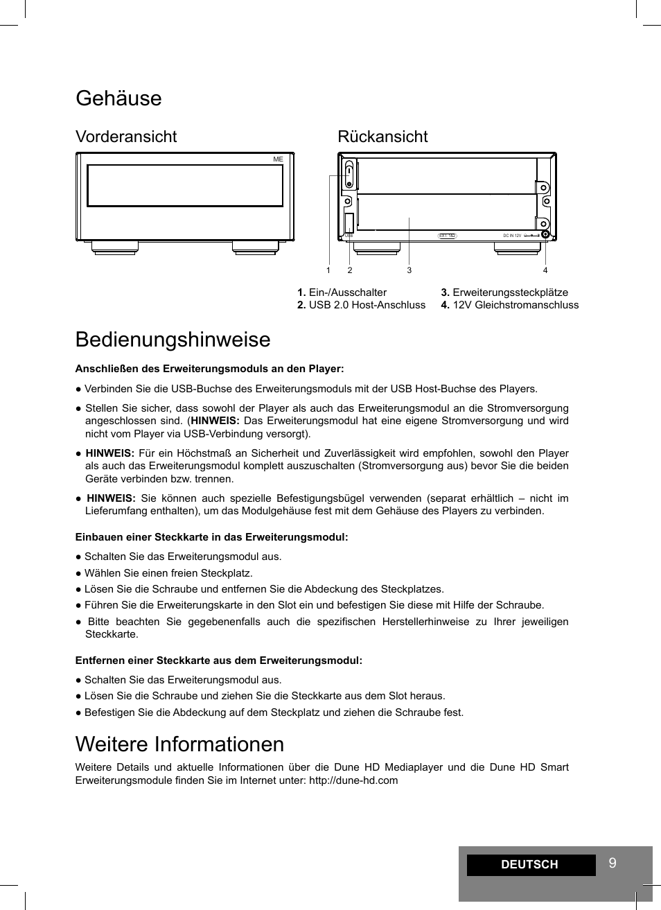 Gehäuse, Bedienungshinweise, Weitere informationen | Vorderansicht rückansicht | DUNE Smart ME User Manual | Page 9 / 20