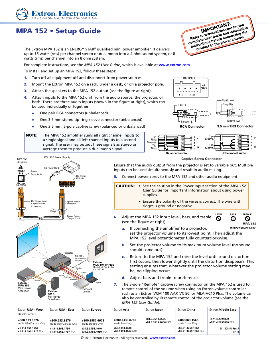 Extron Electronics MPA 152 Setup Guide User Manual | 1 page