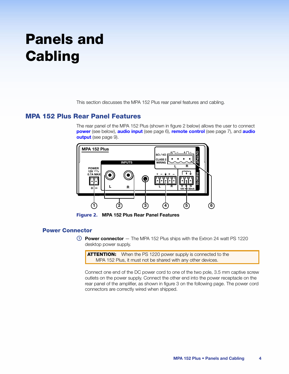 Panels and cabling, Mpa 152 plus rear panel features, Power connector | Extron Electronics MPA 152 Plus User Guide User Manual | Page 10 / 22