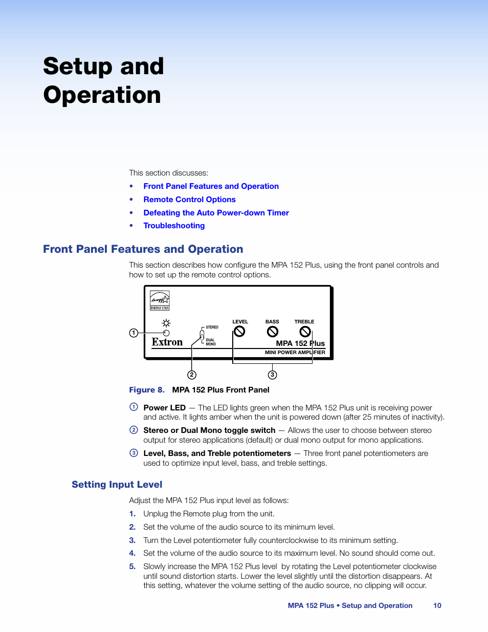 Setup and operation, Front panel features and operation, Setting input level | Figure 8 | Extron Electronics MPA 152 Plus User Guide User Manual | Page 16 / 22