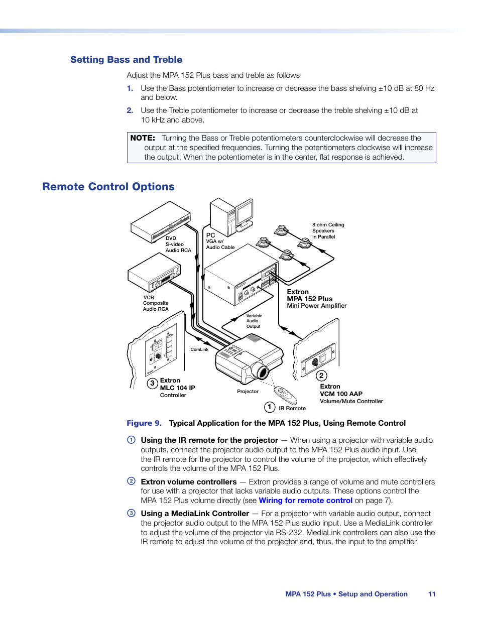 Setting bass and treble, Remote control options, Vc g 10v 50m a | Extron mpa 152 plus, 12 3 conf ig, Extron mlc 104 ip, Extron vcm 100 aap, Mini power amplifier | Extron Electronics MPA 152 Plus User Guide User Manual | Page 17 / 22