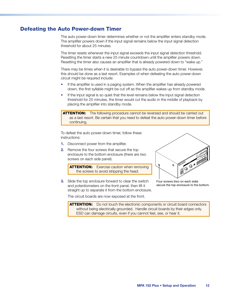 Defeating the auto power-down timer, Defeating the auto power‑down timer | Extron Electronics MPA 152 Plus User Guide User Manual | Page 18 / 22