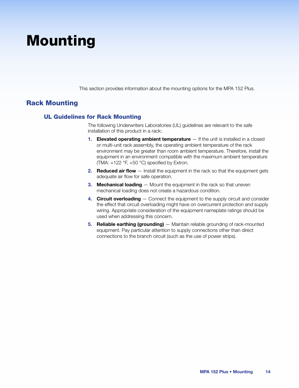 Mounting, Rack mounting, Ul guidelines for rack mounting | Extron Electronics MPA 152 Plus User Guide User Manual | Page 20 / 22