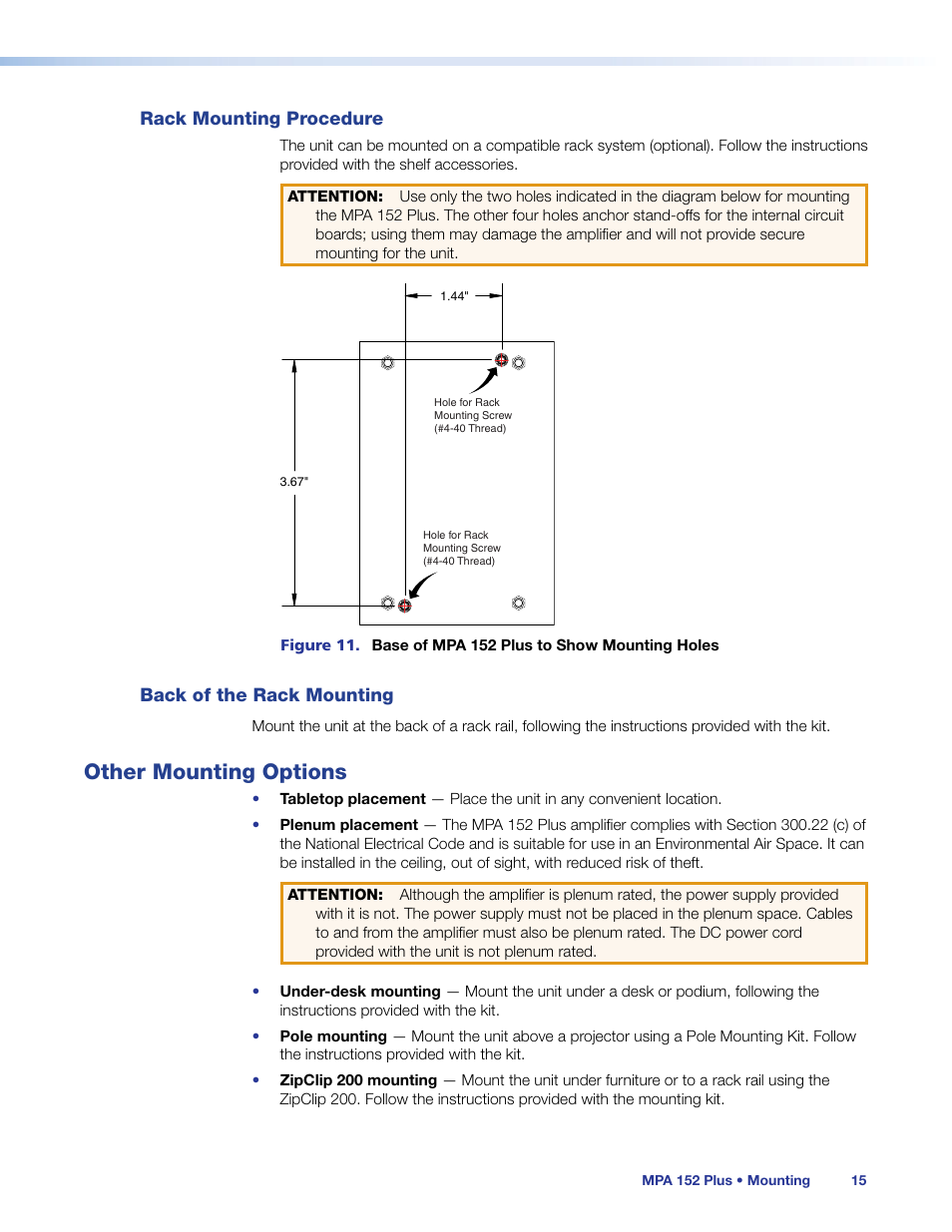 Rack mounting procedure, Back of the rack mounting, Other mounting options | Rack mounting procedure back of the rack mounting | Extron Electronics MPA 152 Plus User Guide User Manual | Page 21 / 22