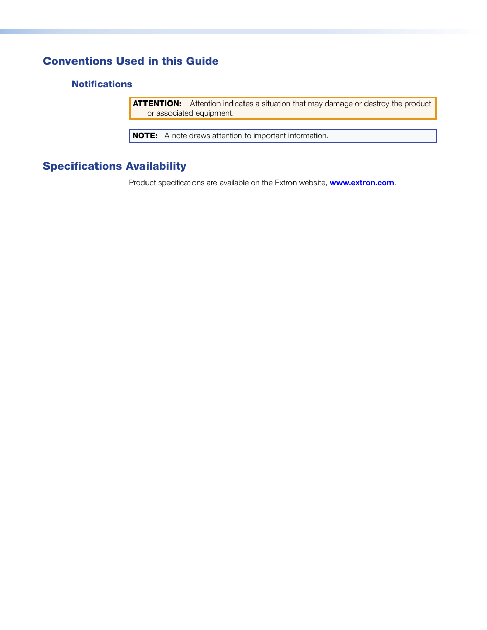 Conventions used in this guide, Notifications, Specifications availability | Extron Electronics MPA 152 Plus User Guide User Manual | Page 4 / 22
