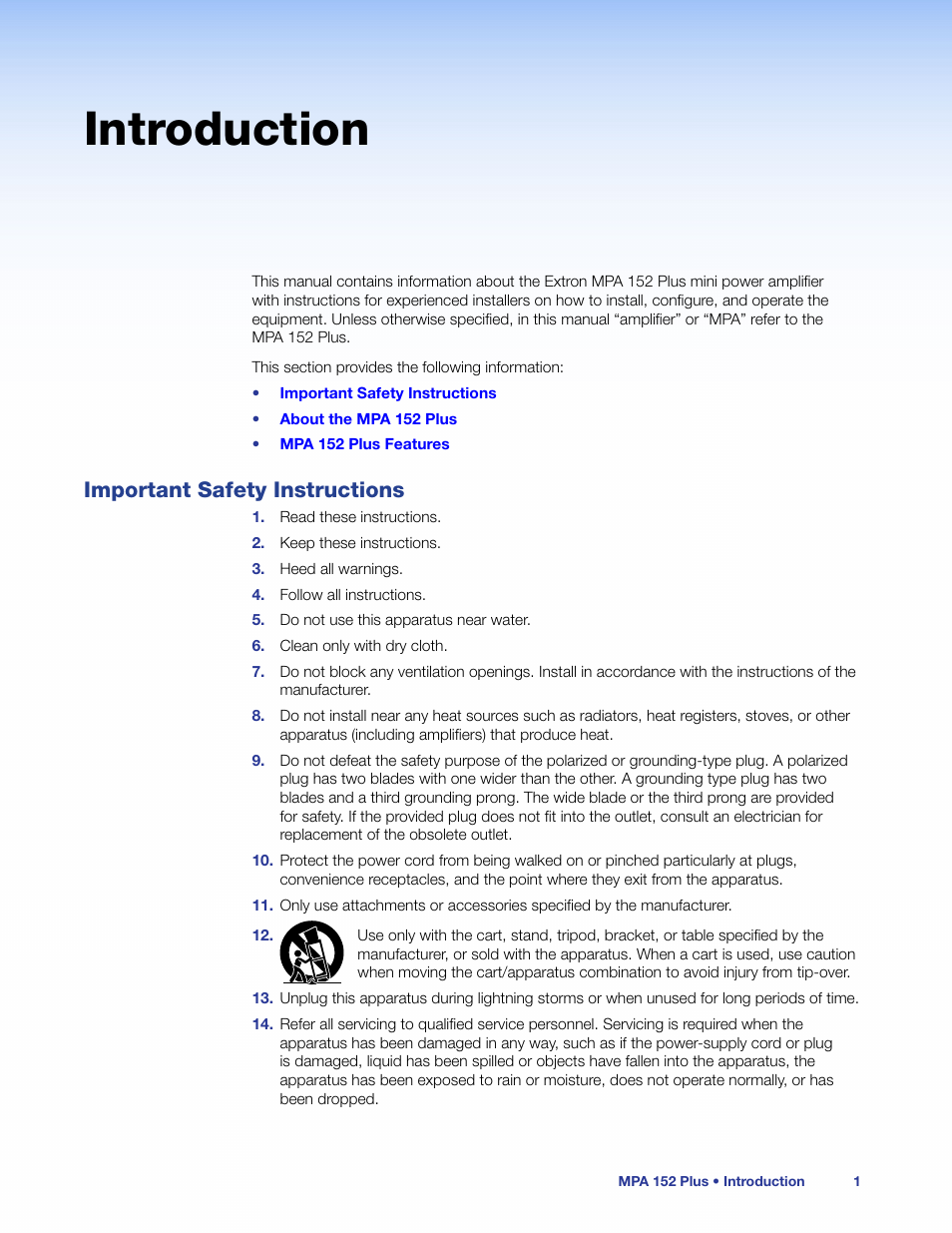Introduction, Important safety instructions | Extron Electronics MPA 152 Plus User Guide User Manual | Page 7 / 22