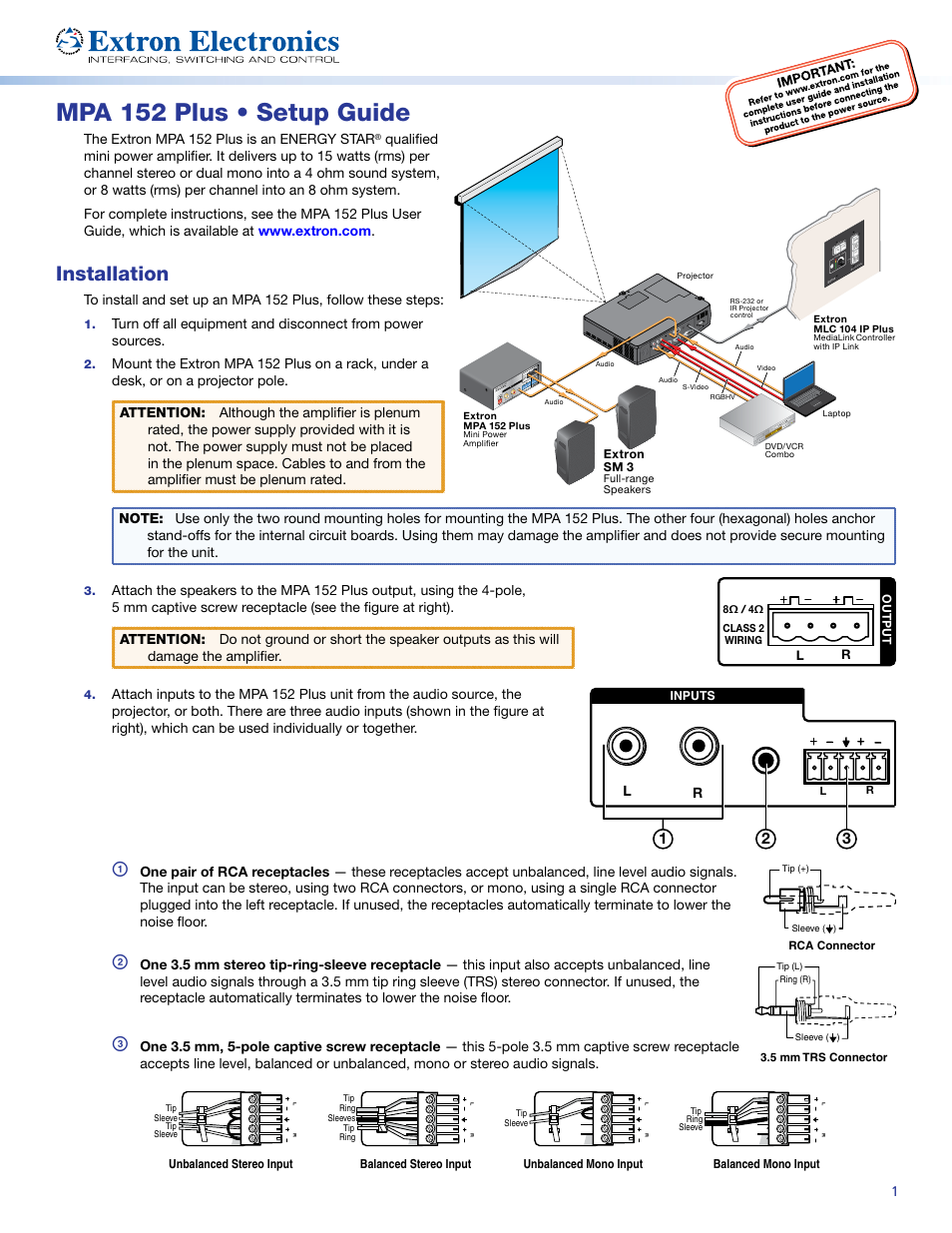 Extron Electronics MPA 152 Plus Setup Guide User Manual | 2 pages
