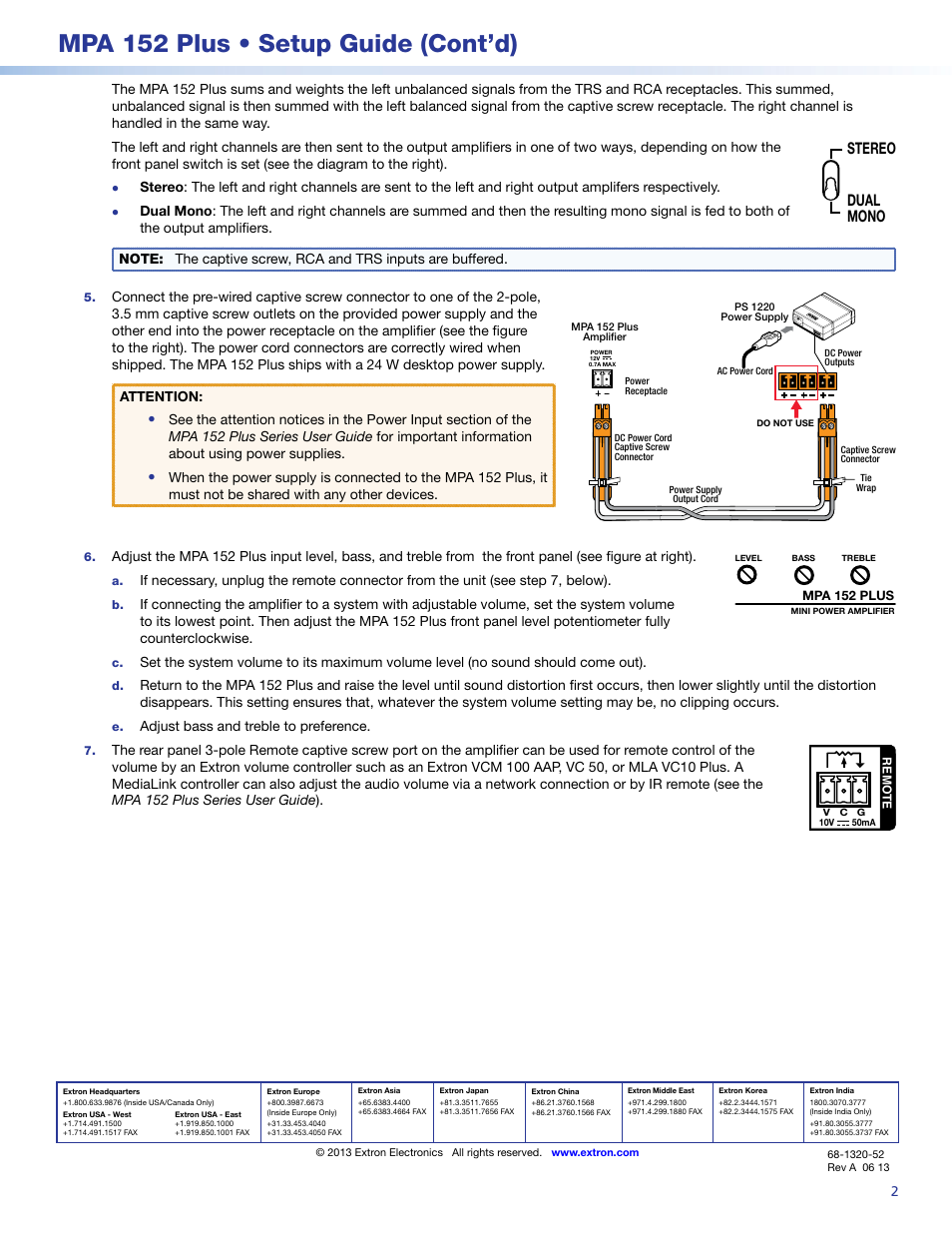 Extron contact information, Mpa 152 plus • setup guide (cont’d), Stereo dual mono | Extron Electronics MPA 152 Plus Setup Guide User Manual | Page 2 / 2