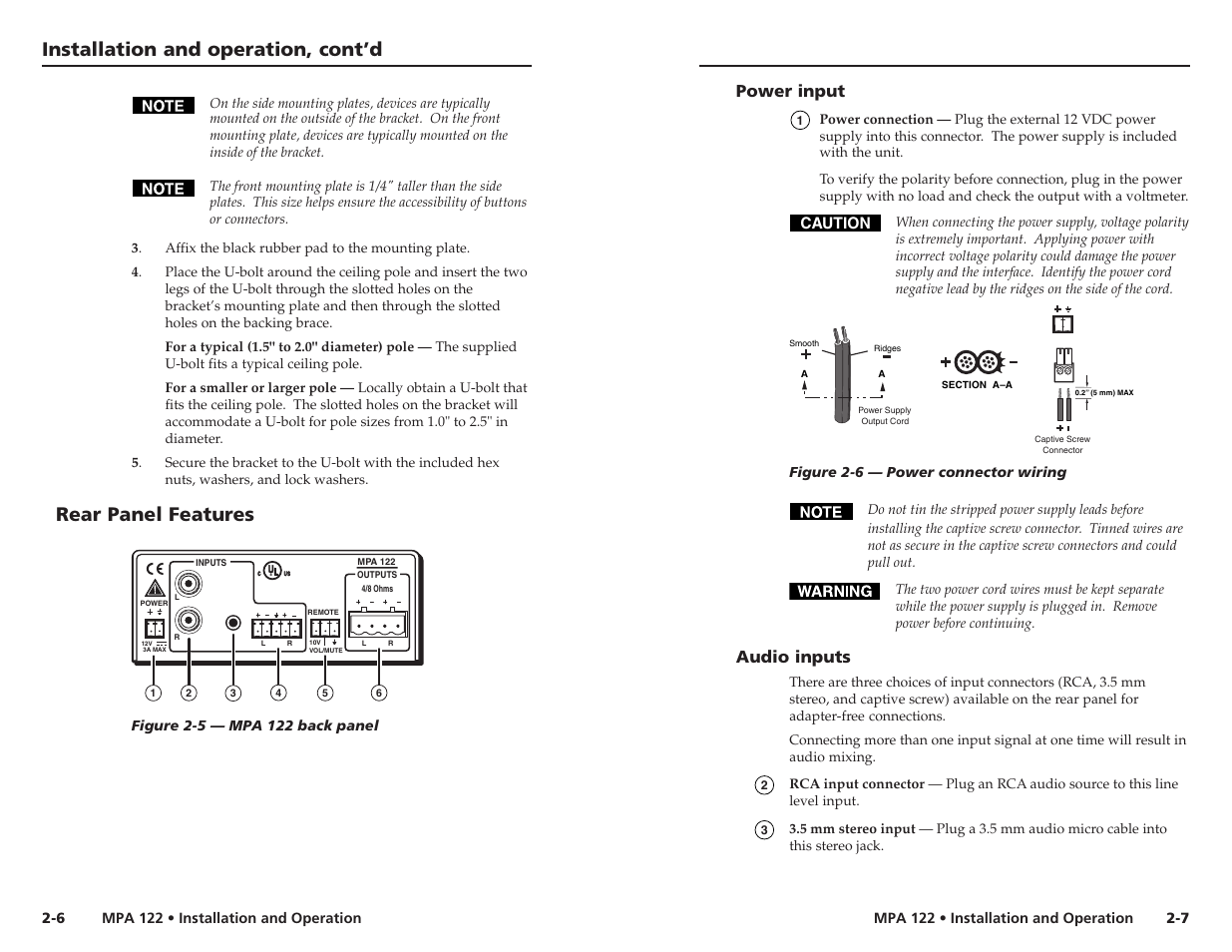 Installation and operation, cont’d, Rear panel features, Power input | Audio inputs | Extron Electronics MPA 122 User Guide User Manual | Page 10 / 16