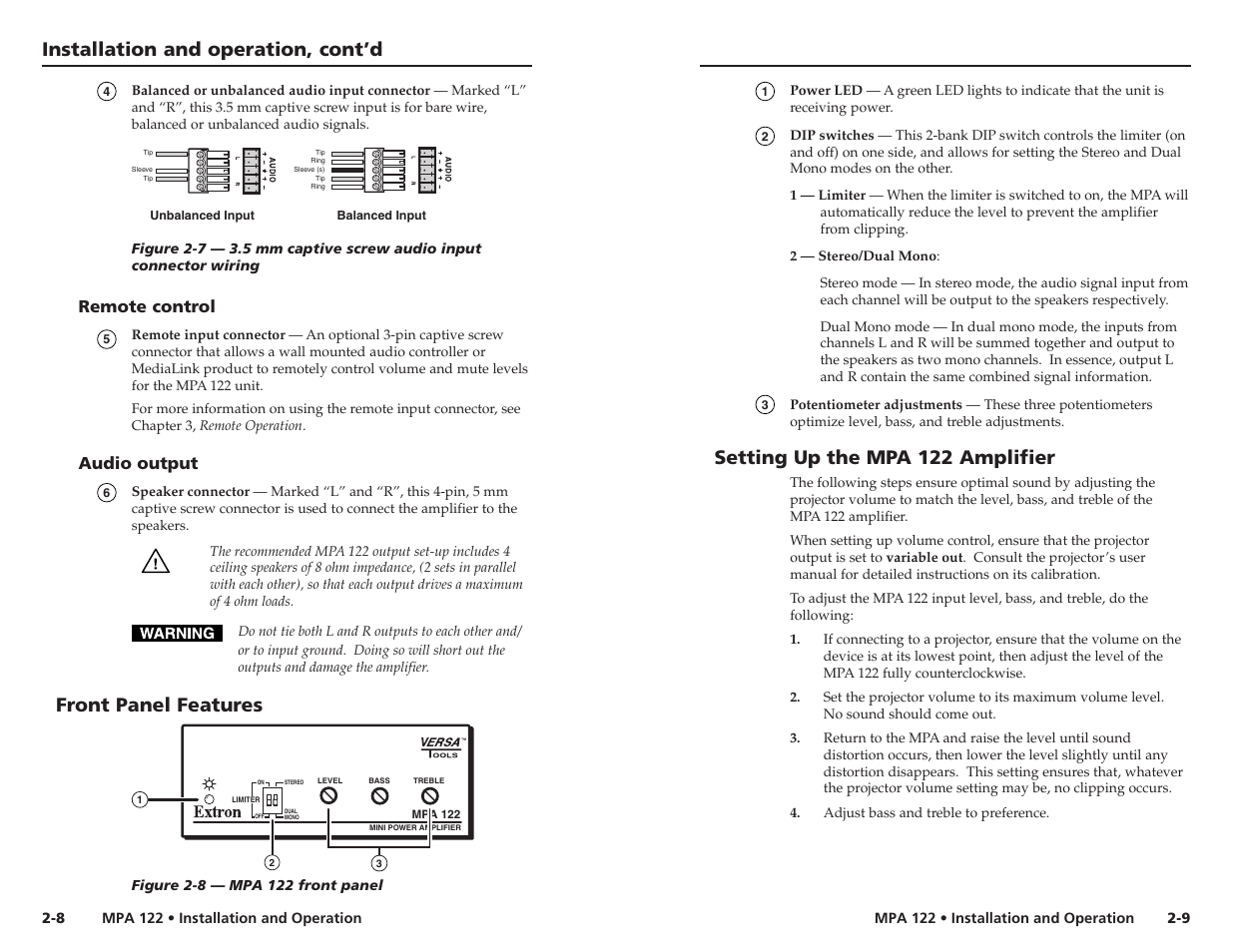Installation and operation, cont’d, Front panel features, Setting up the mpa 122 amplifier | Remote control, Audio output | Extron Electronics MPA 122 User Guide User Manual | Page 11 / 16