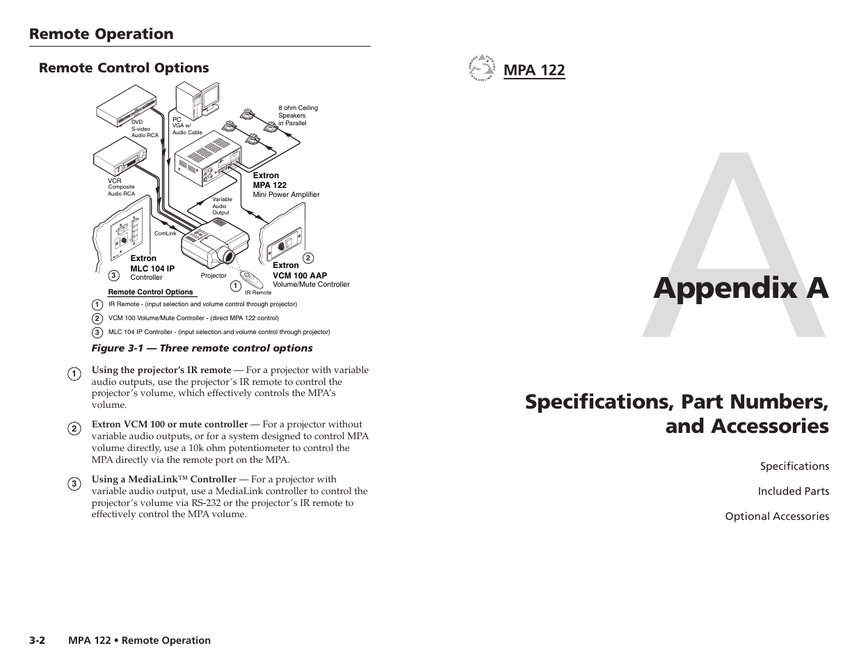 Appendix a, Specifications, part numbers, and accessories | Extron Electronics MPA 122 User Guide User Manual | Page 13 / 16