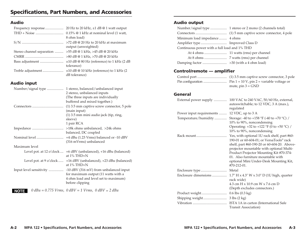 Specifications, part numbers, and accessories | Extron Electronics MPA 122 User Guide User Manual | Page 14 / 16