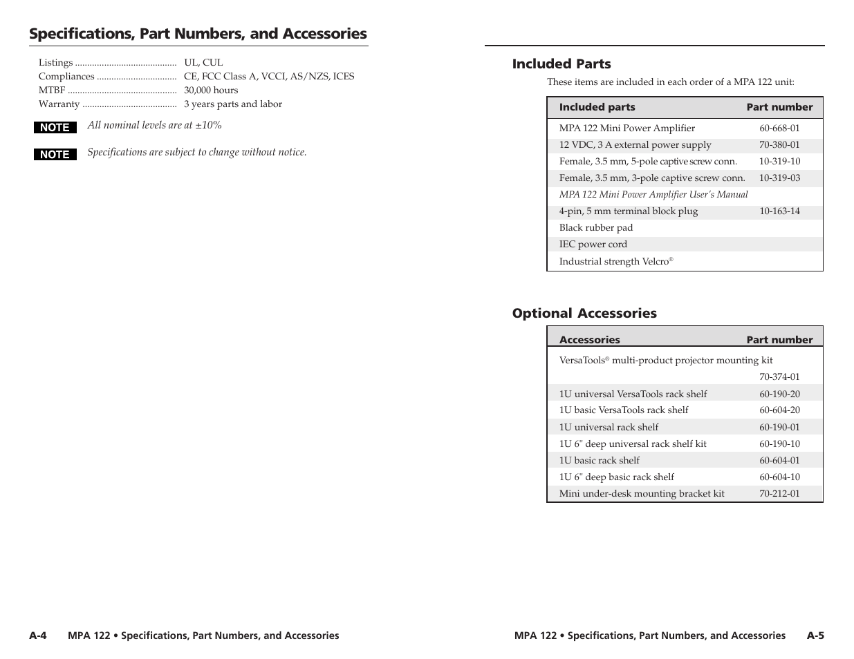Specifications, part numbers, and accessories, Included parts, Optional accessories | Extron Electronics MPA 122 User Guide User Manual | Page 15 / 16