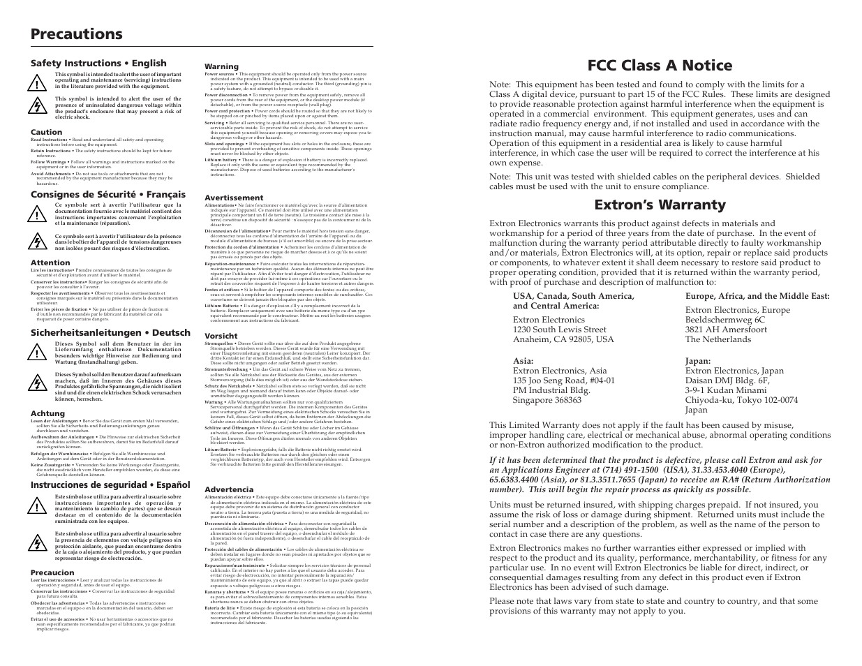 Precautions, Fcc class a notice, Extron’s warranty | Instrucciones de seguridad • español | Extron Electronics MPA 122 User Guide User Manual | Page 2 / 16