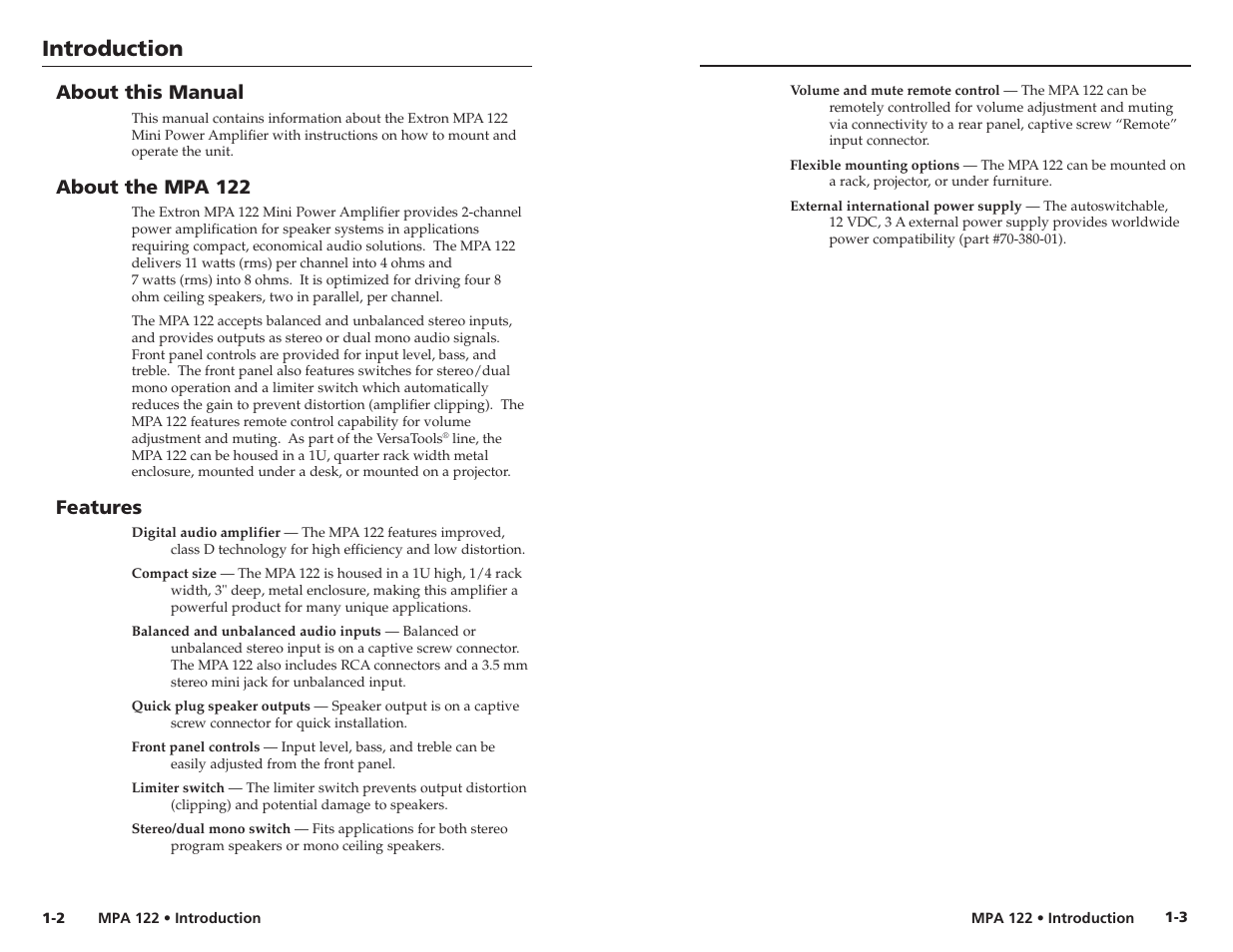 Introduction, About this manual, About the mpa 122 | Features | Extron Electronics MPA 122 User Guide User Manual | Page 6 / 16