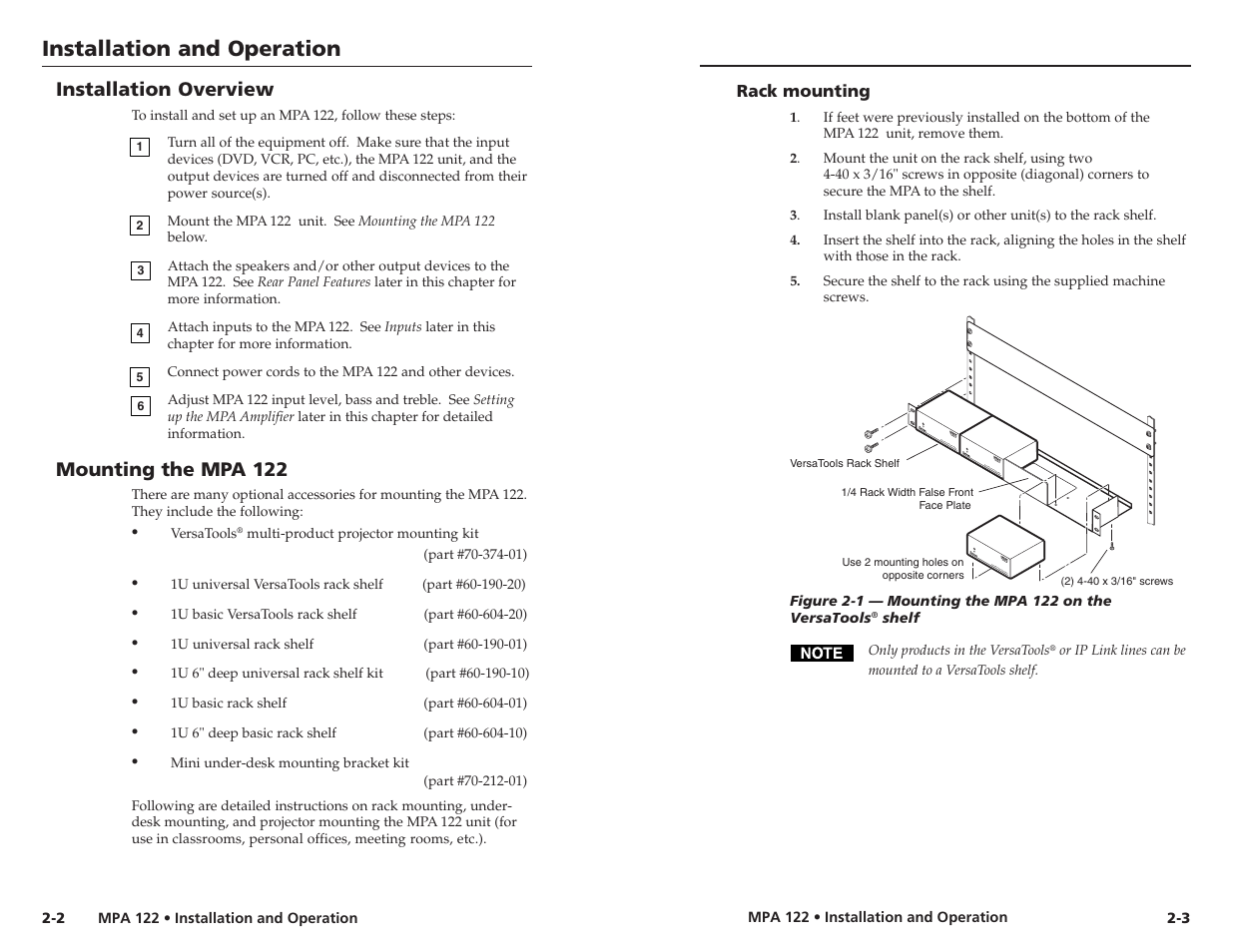 Installation and operation, Installation overview, Mounting the mpa 122 | Extron Electronics MPA 122 User Guide User Manual | Page 8 / 16
