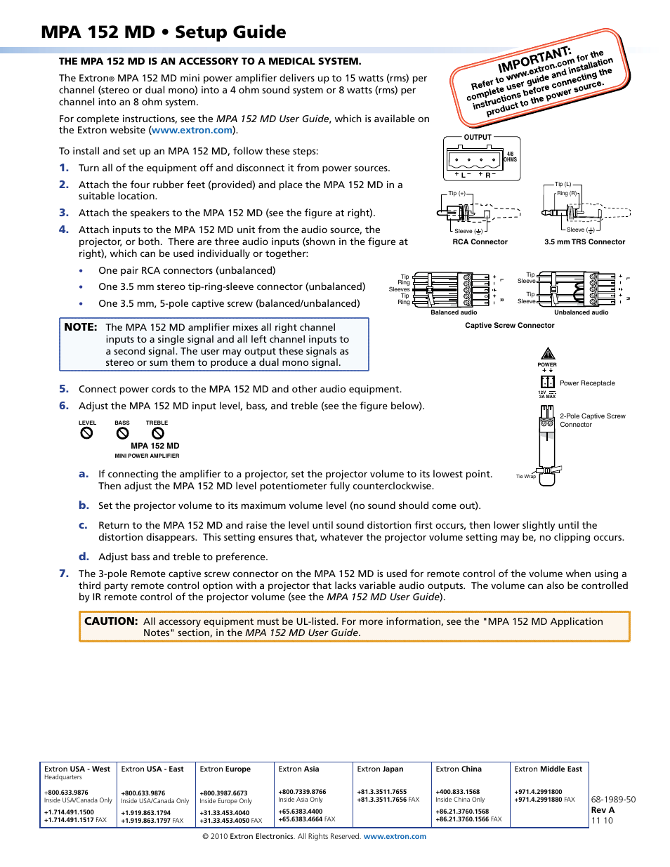 Extron Electronics MPA 152 MD Setup Guide User Manual | 1 page