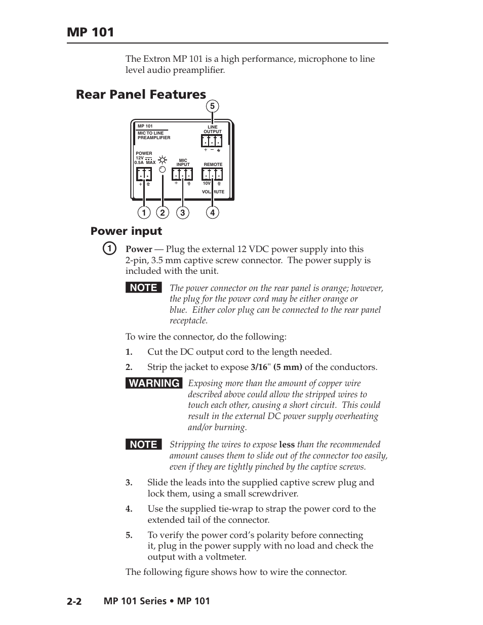 Mp 101, Rear panel features, Power input | Extron Electronics MP 101 Series User Guide User Manual | Page 10 / 47