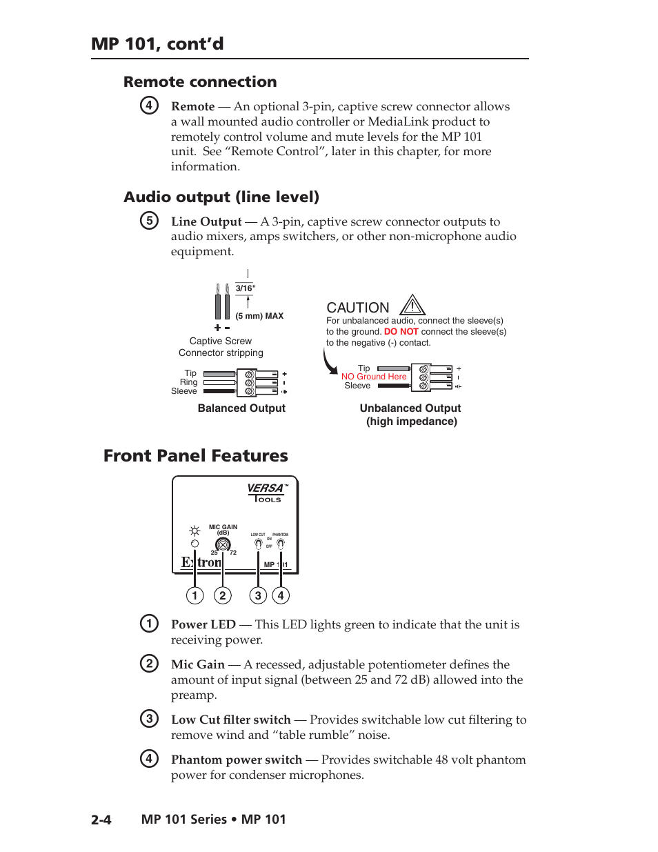 Mp 101, cont’d, Front panel features, Remote connection | Audio output (line level) | Extron Electronics MP 101 Series User Guide User Manual | Page 12 / 47
