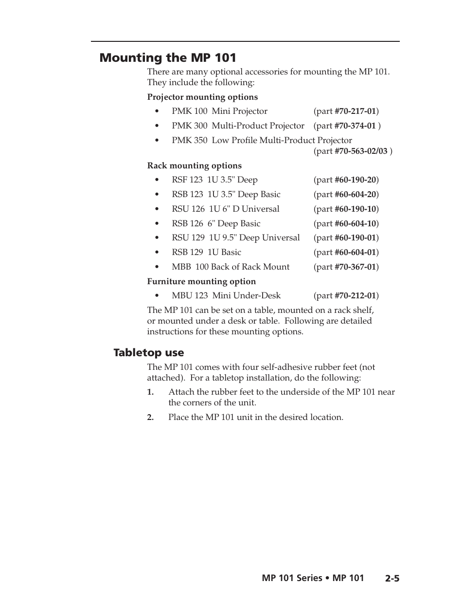 Mounting the mp 101, Tabletop use | Extron Electronics MP 101 Series User Guide User Manual | Page 13 / 47