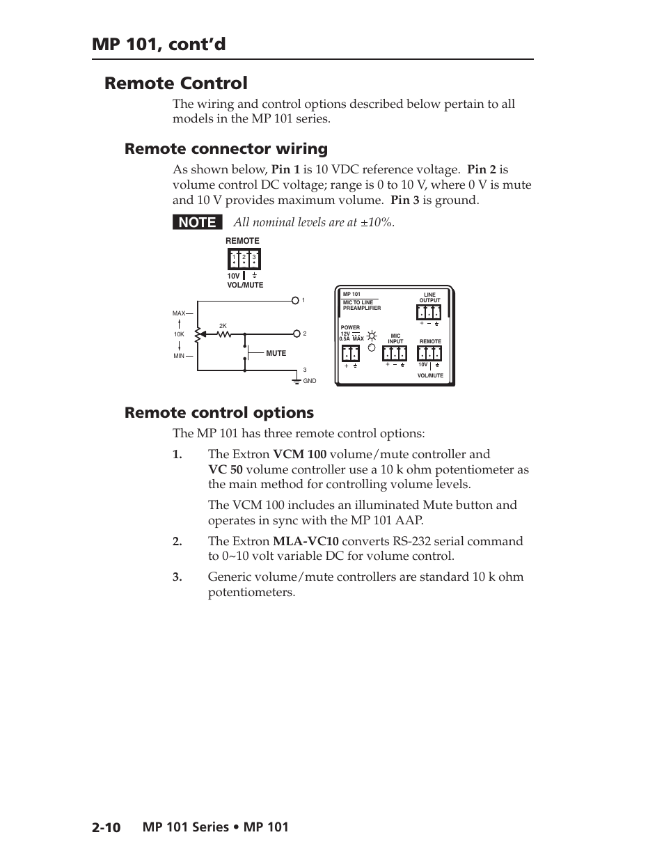 Mp 101, cont’d remote control, Remote connector wiring, Remote control options | All nominal levels are at ±10 | Extron Electronics MP 101 Series User Guide User Manual | Page 18 / 47