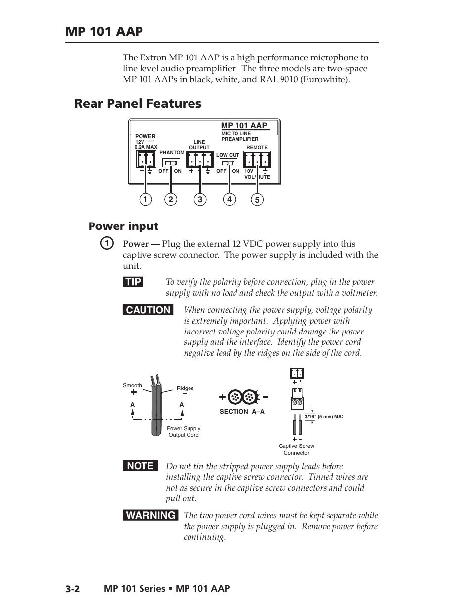 Mp 101 aap, Rear panel features, Power input | Extron Electronics MP 101 Series User Guide User Manual | Page 20 / 47