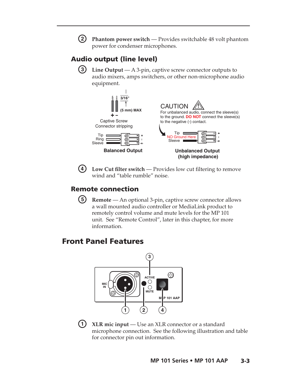 Front panel features, Audio output (line level), Remote connection | Extron Electronics MP 101 Series User Guide User Manual | Page 21 / 47