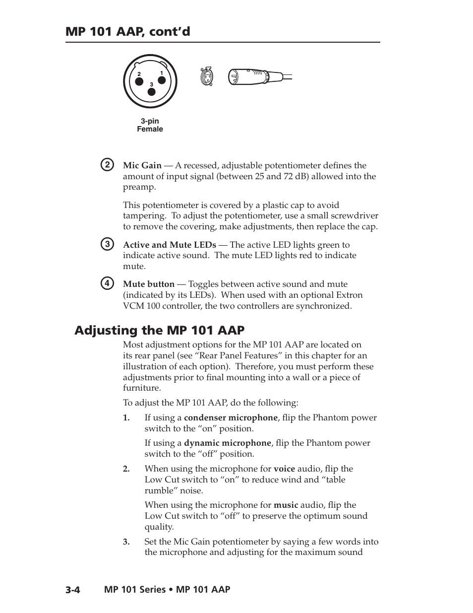 Mp 101 aap, cont’d, Adjusting the mp 101 aap | Extron Electronics MP 101 Series User Guide User Manual | Page 22 / 47