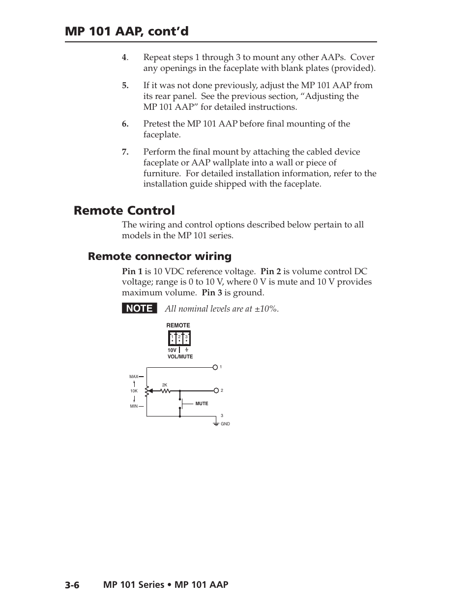 Mp 101 aap, cont’d, Remote control, Remote connector wiring | Extron Electronics MP 101 Series User Guide User Manual | Page 24 / 47