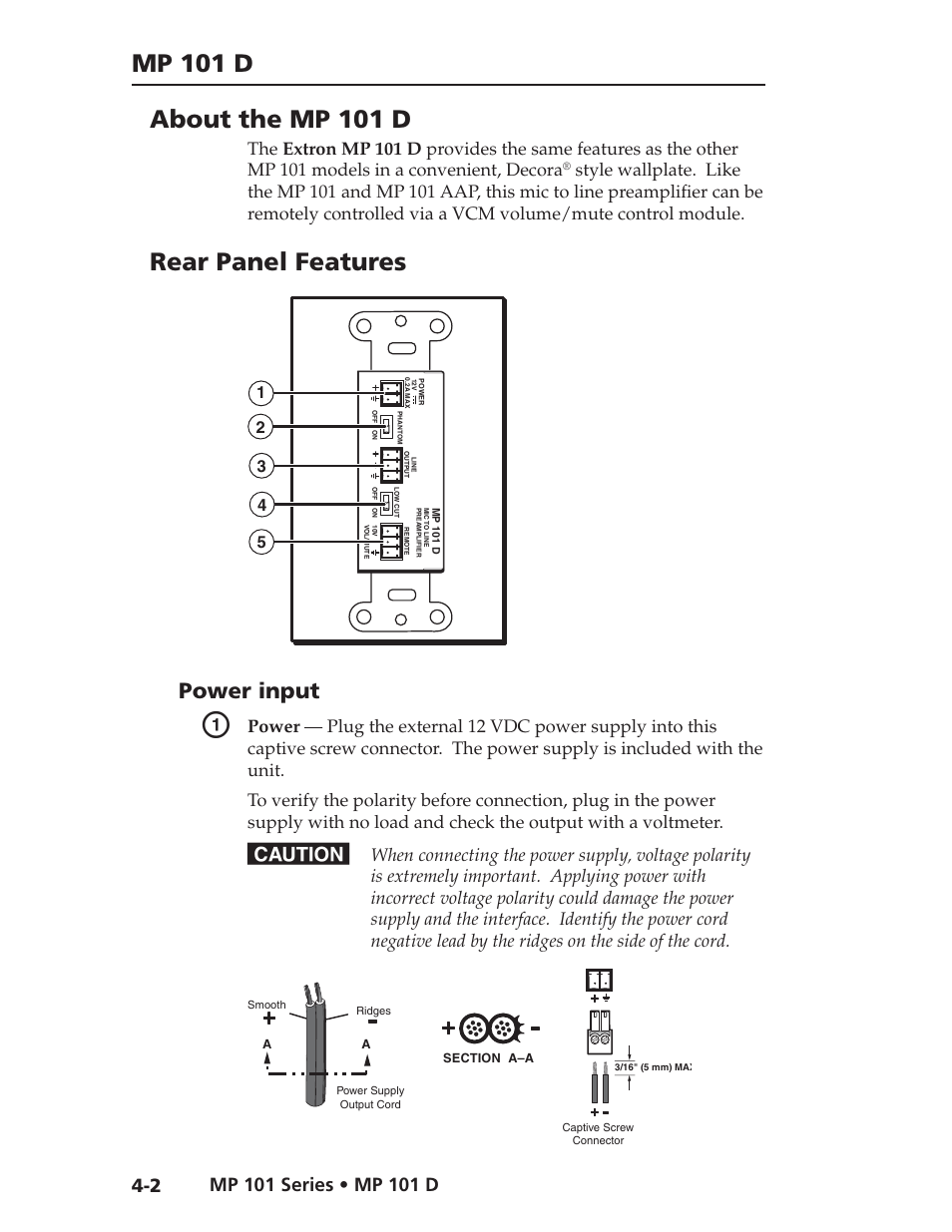 Mp 101 d, About the mp 101 d, Rear panel features | Power input | Extron Electronics MP 101 Series User Guide User Manual | Page 27 / 47