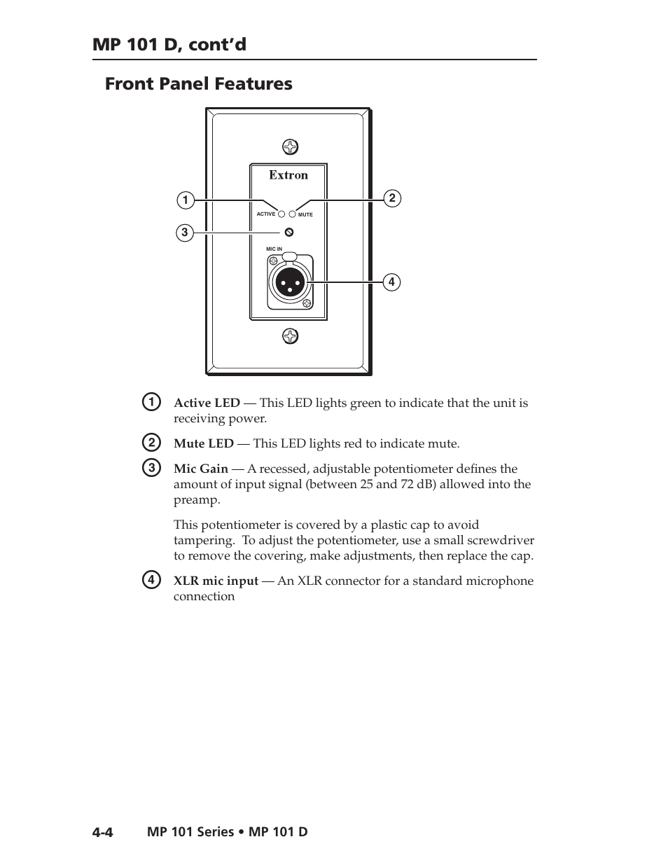 Mp 101 d, cont’d, Front panel features | Extron Electronics MP 101 Series User Guide User Manual | Page 29 / 47