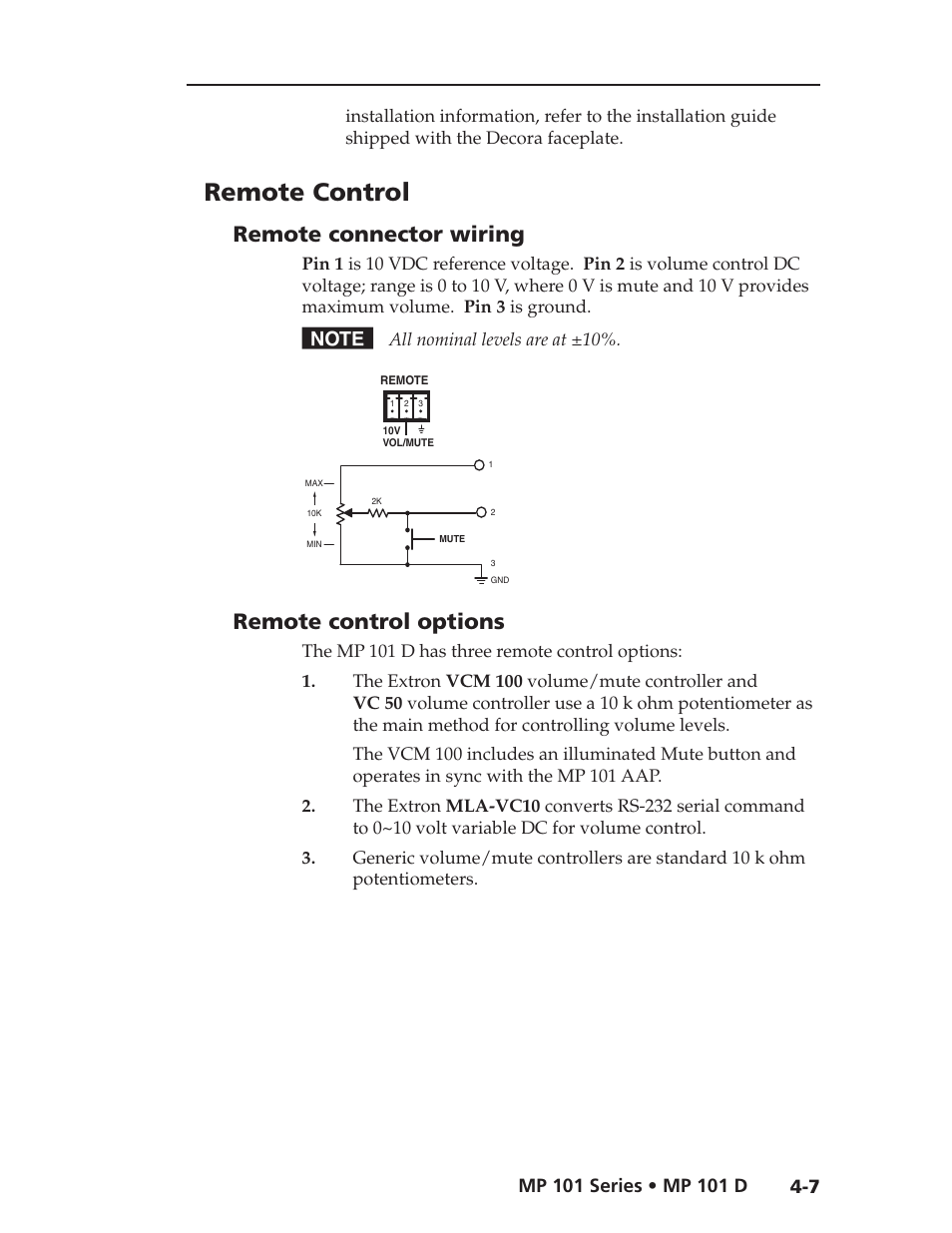 Remote control, Remote connector wiring, Remote control options | Extron Electronics MP 101 Series User Guide User Manual | Page 32 / 47