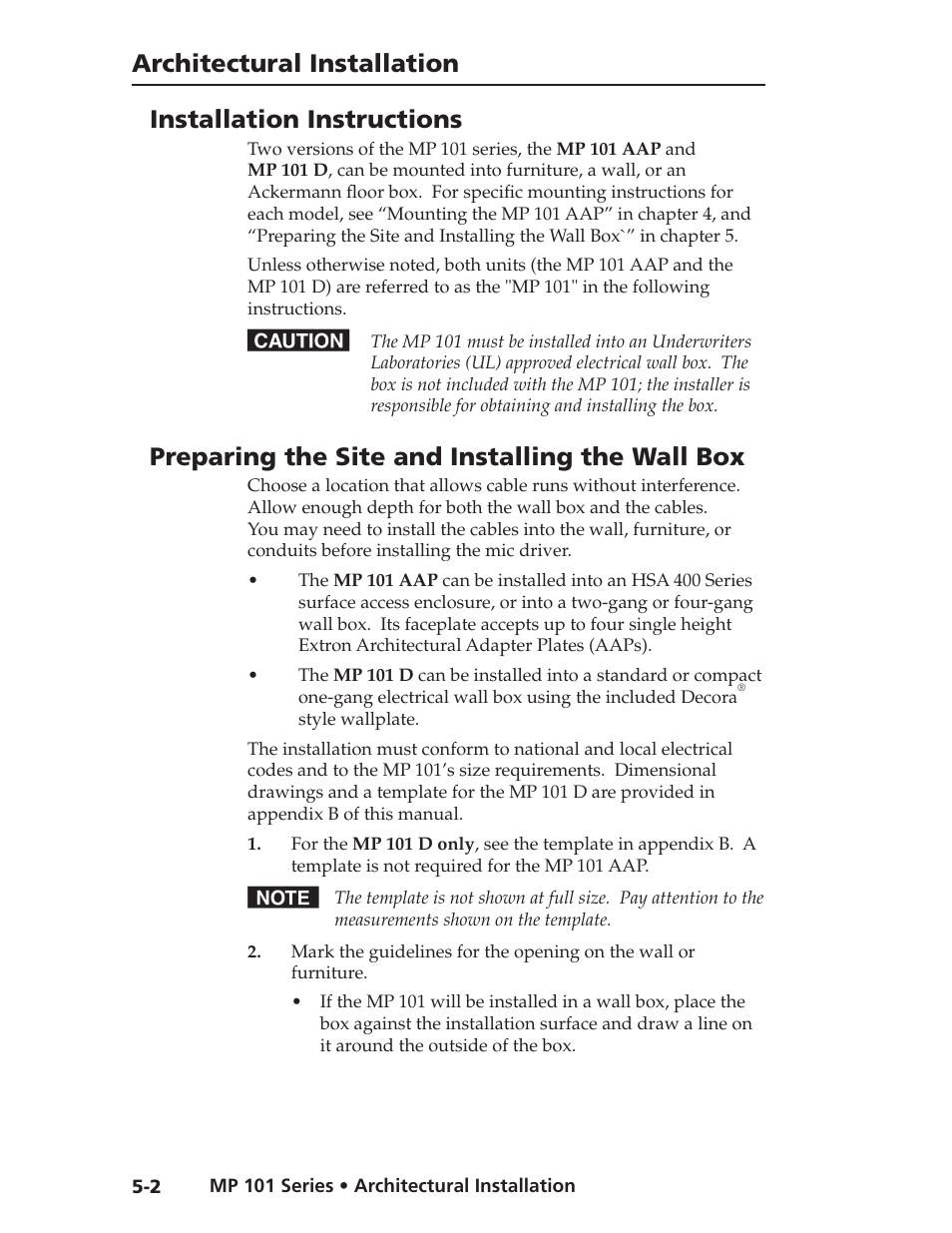Architectural installation, Installation instructions, Preparing the site and installing the wall box | Extron Electronics MP 101 Series User Guide User Manual | Page 34 / 47
